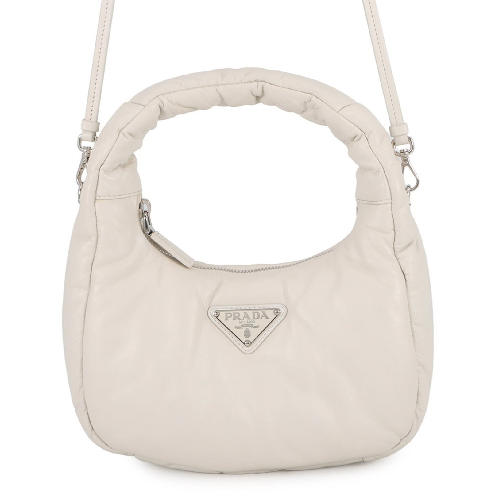 Handbag Leather Bag Shoulder Prada: Handbag Leather Bag Shoulder Prada White leather shoulder bag from Prada, featuring silver hardware and a zipper closure. Measuring 13cm x 21cm x 7cm, it weighs 220g and has adjustable strap length of