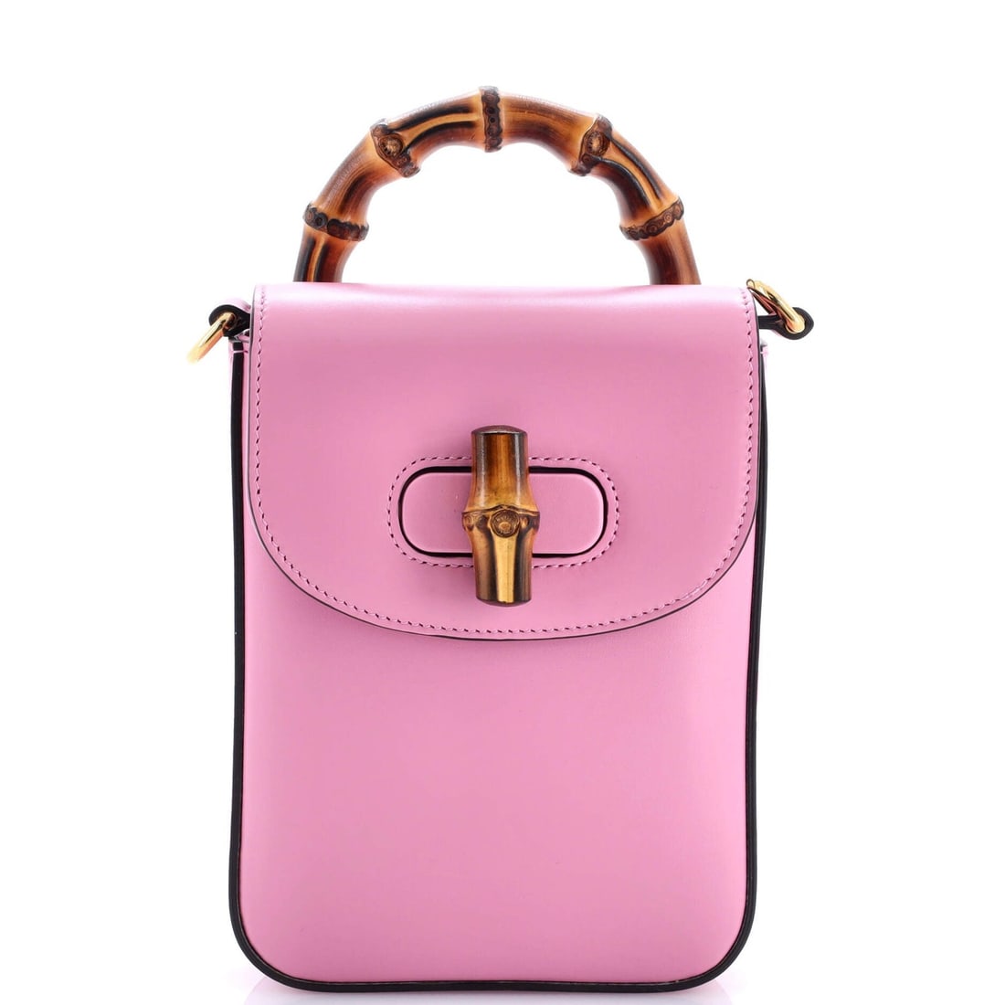 Gucci Bamboo Top Handle Backpack Leather Mini: Gucci Bamboo Top Handle Backpack Leather Mini Pink leather mini backpack with bamboo top handle, featuring neutral interior and gold hardware. The bag has been carefully worn, showcasing minor scuffs,