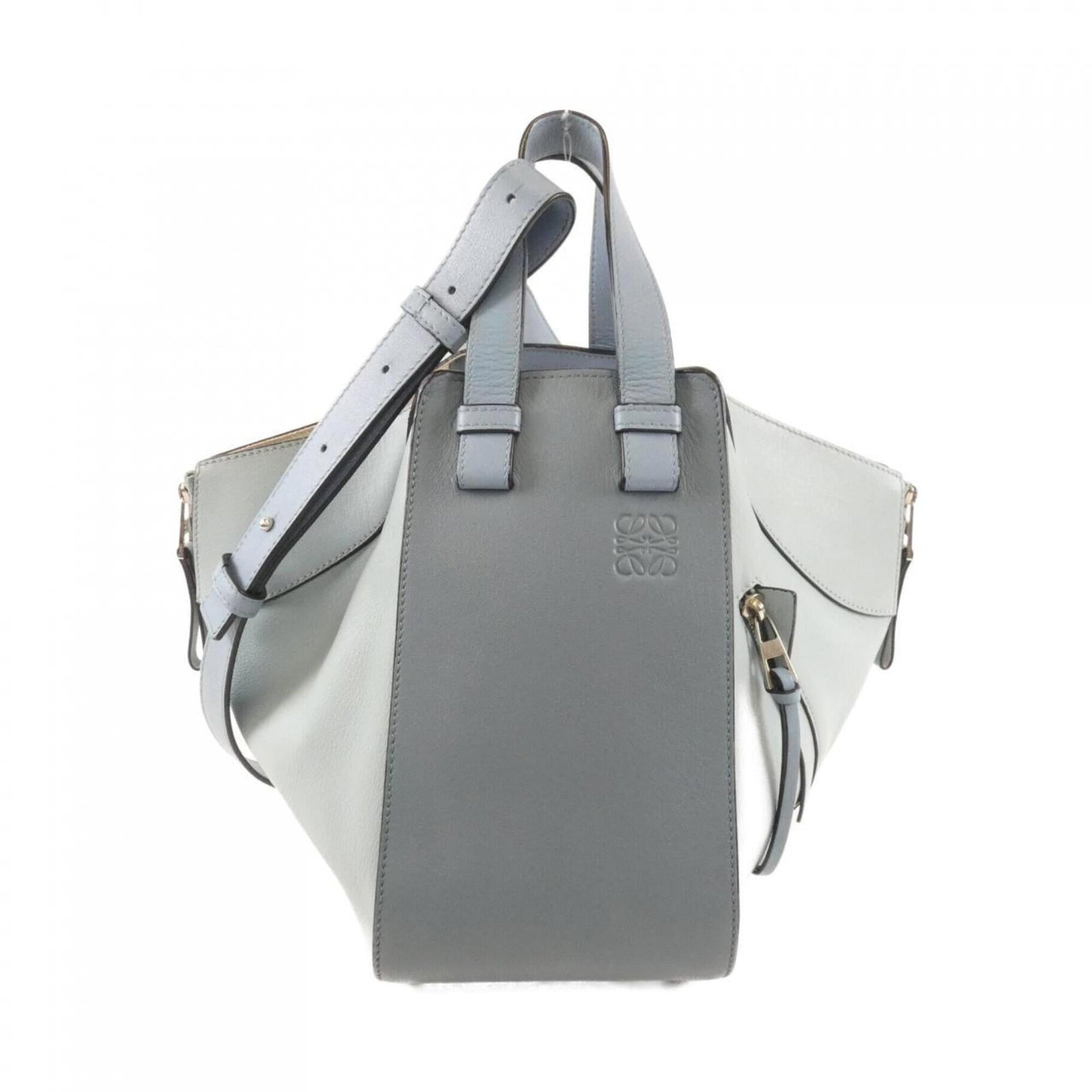 Shoulder Bag Leather by Loewe: Shoulder Bag Leather by Loewe Stone Blue Leather Shoulder Bag by Loewe, featuring high-quality calfskin material and silver hardware, boasts a classic design with a timeless appeal. The bag's used con