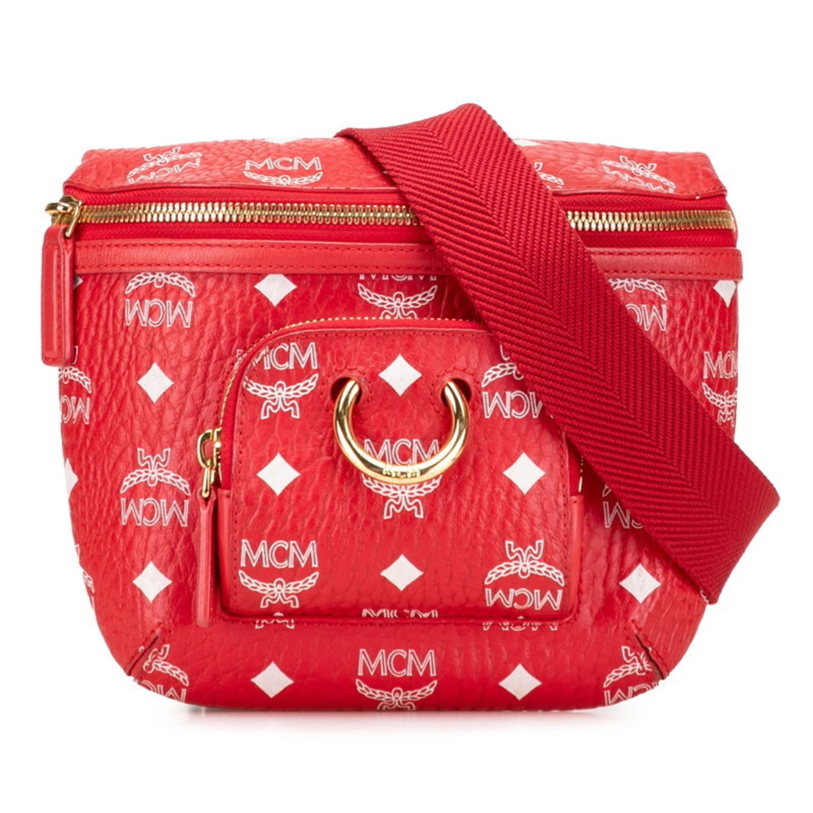 Shoulder Bag Sling Pvc Mcm: Shoulder Bag Sling Pvc Mcm Red PVC shoulder bag with a sling design, featuring a zipper closure and adjustable strap drop. The bag has been used and shows signs of wear, including scratches and dirt, 