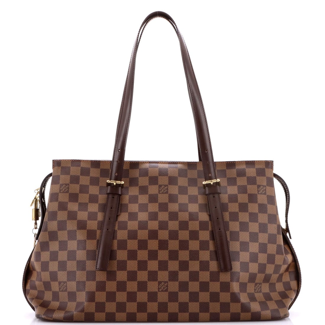 Handbag Louis Vuitton Damier Chelsea: Handbag Louis Vuitton Damier Chelsea Brown Louis Vuitton Damier Chelsea Handbag with Canvas Coated Exterior, featuring heavy corner wear, scuffs, edge wear, and minor creases. The bag's interior