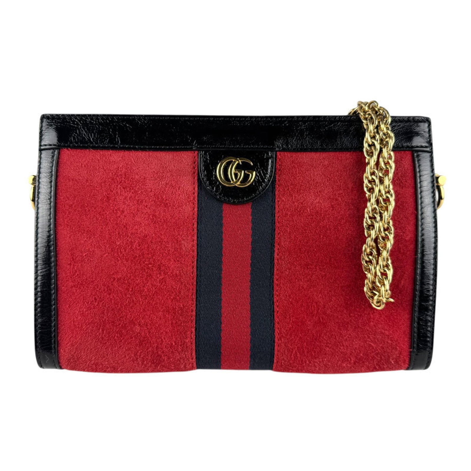 Shoulder bag suede patent leather Gucci: Shoulder bag suede patent leather Gucci Suede and patent leather come together in sleek, sophisticated design. This black shoulder bag from Gucci features red accents, adding a pop of color to its