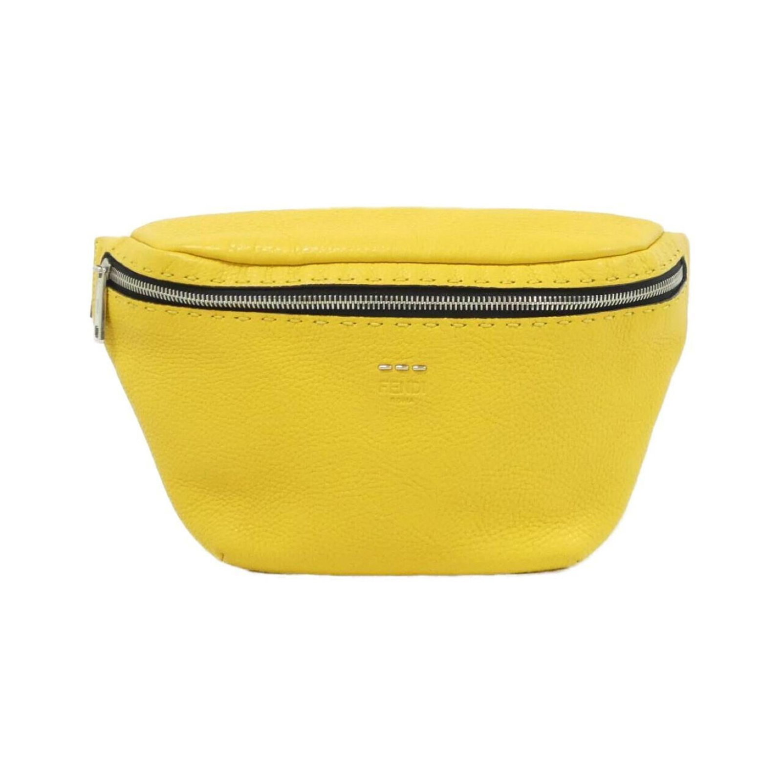 Fendi Fanny Pack Leather: Fendi Fanny Pack Leather Yellow Fendi leather fanny pack with silver hardware, featuring a classic design and durable calfskin material. The item has some minor scratches and dirt, but remains in