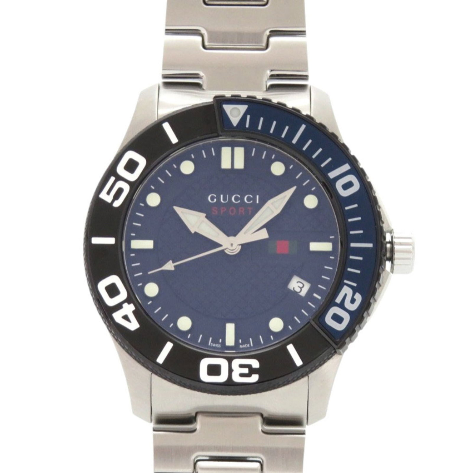 Wristwatch by Gucci: Wristwatch by Gucci Stainless steel case and band, navy dial, and analog display make for a sleek timepiece. This Gucci wristwatch boasts a classic design with subtle signs of usage, including minor