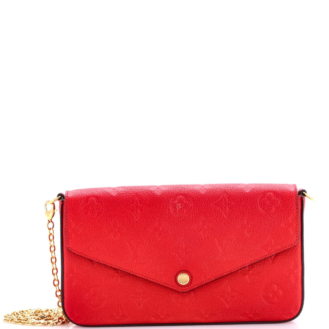 Felicie Monogram Empreinte Leather Pochette Louis Vuitton: Felicie Monogram Empreinte Leather Pochette Louis Vuitton Red Felicie Pochette Monogram Empreinte Leather Cross Body Bag with Gold Hardware, featuring minor edge wear and creases on the exterior and