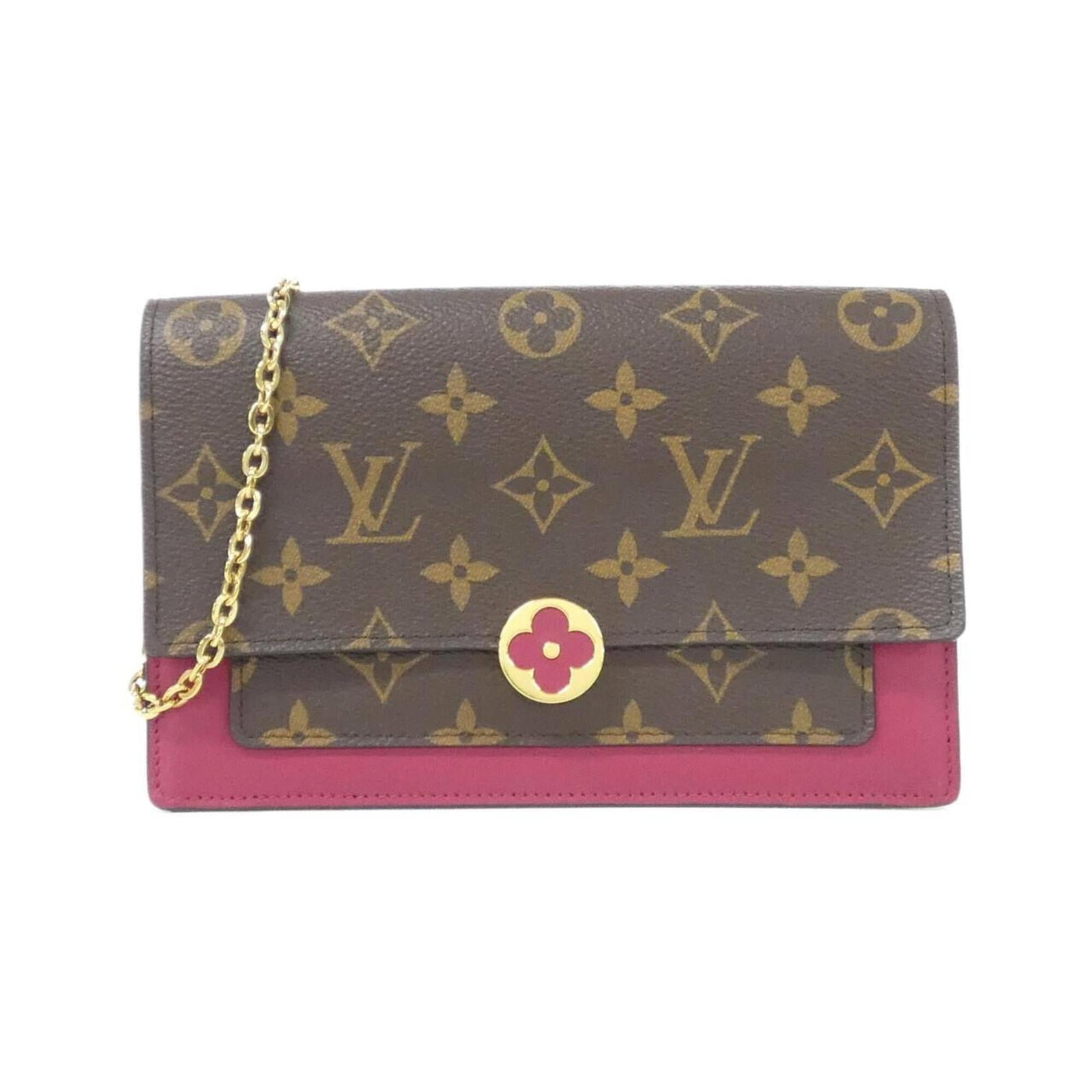 Chain Shoulder Wallet Coated Canvas Louis Vuitton: Chain Shoulder Wallet Coated Canvas Louis Vuitton Chain shoulder wallet with coated canvas exterior in fuchsia and maroon hues, featuring a classic Louis Vuitton design. The item boasts a sturdy