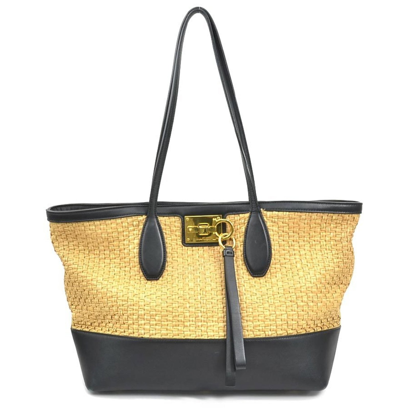 Ferragamo Shoulder Leather Raffia Bag Salvatore: Ferragamo Shoulder Leather Raffia Bag Salvatore This Salvatore Ferragamo shoulder bag boasts sleek black leather and raffia accents, offering a sophisticated touch to any outfit. Measuring 24cm x 30cm