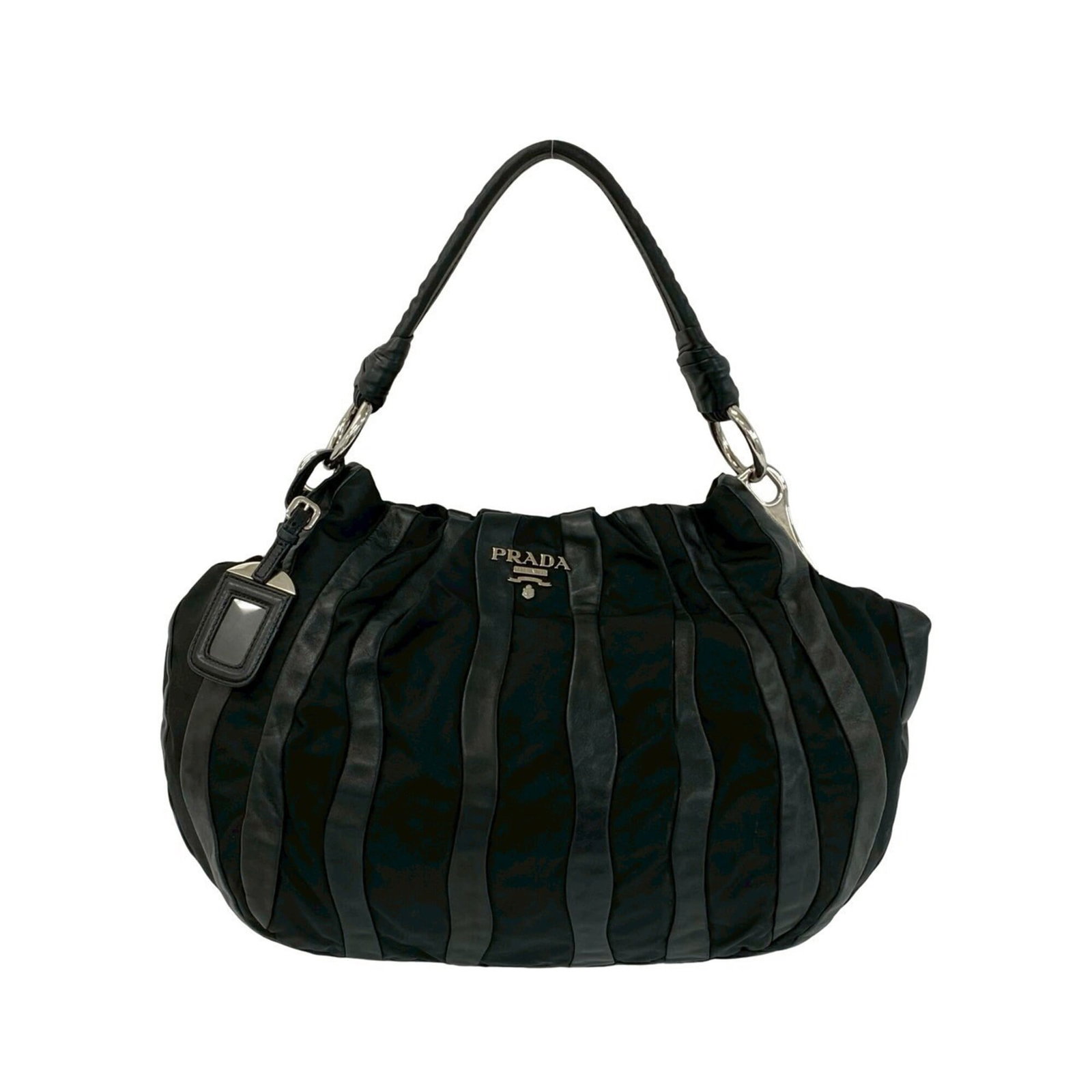 Nylon Leather Prada Handbag Tote Bag Shoulder: Nylon Leather Prada Handbag Tote Bag Shoulder Nylon and leather Prada tote bag with a classic design, featuring a black color and spacious interior. Measuring 29cm x 45cm x 11cm, it has a shoulder