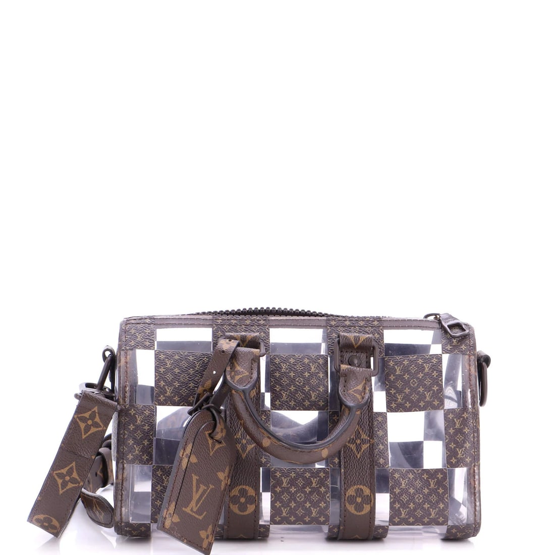 Louis Vuitton Keepall Bandouliere Bag Monogram Chess Coated Canvas and PVC 25: Louis Vuitton Keepall Bandouliere Bag Monogram Chess Coated Canvas and PVC 25 Brown Louis Vuitton Keepall Bandouliere Bag with Monogram Chess Coated Canvas and PVC, featuring a classic bowler design. 