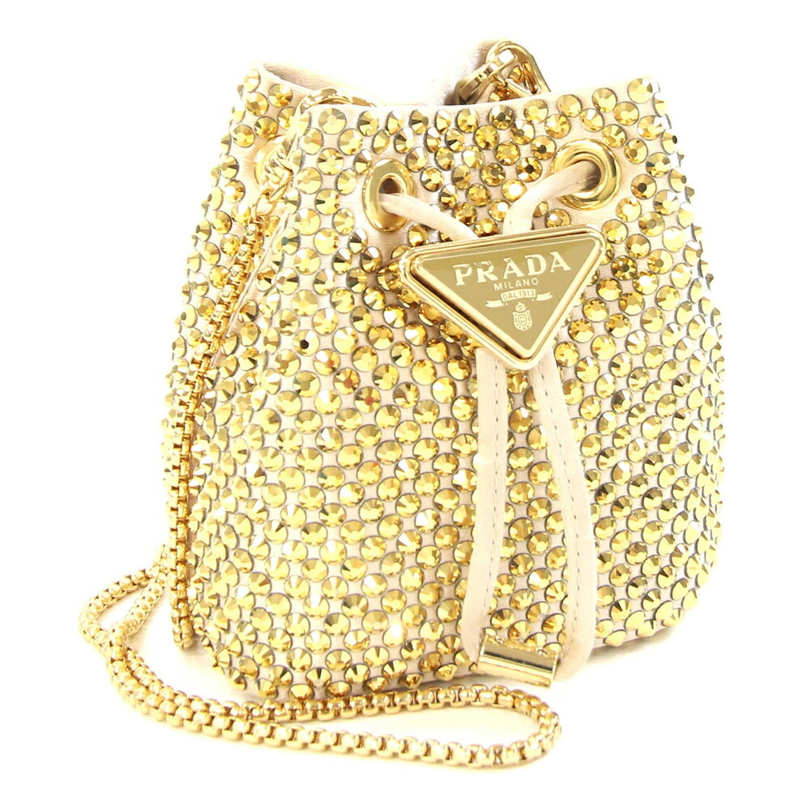Prada shoulder bag satin pochette: Prada shoulder bag satin pochette Satin-finished and exuding understated elegance, this beige gold Prada pochette boasts a sleek design. Measuring just 10cm x 8.5cm x 5.5cm, it's the perfect size for 