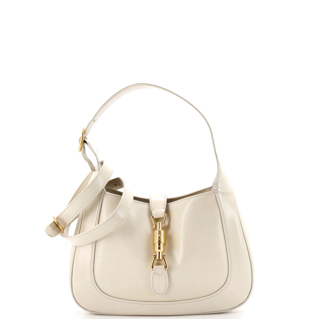 Gucci Jackie 1961 Hobo Leather Small: Gucci Jackie 1961 Hobo Leather Small The Gucci Jackie 1961 Hobo Leather Small boasts a sleek white leather exterior, adorned with gold hardware and a neutral microfiber interior. This stylish small ho