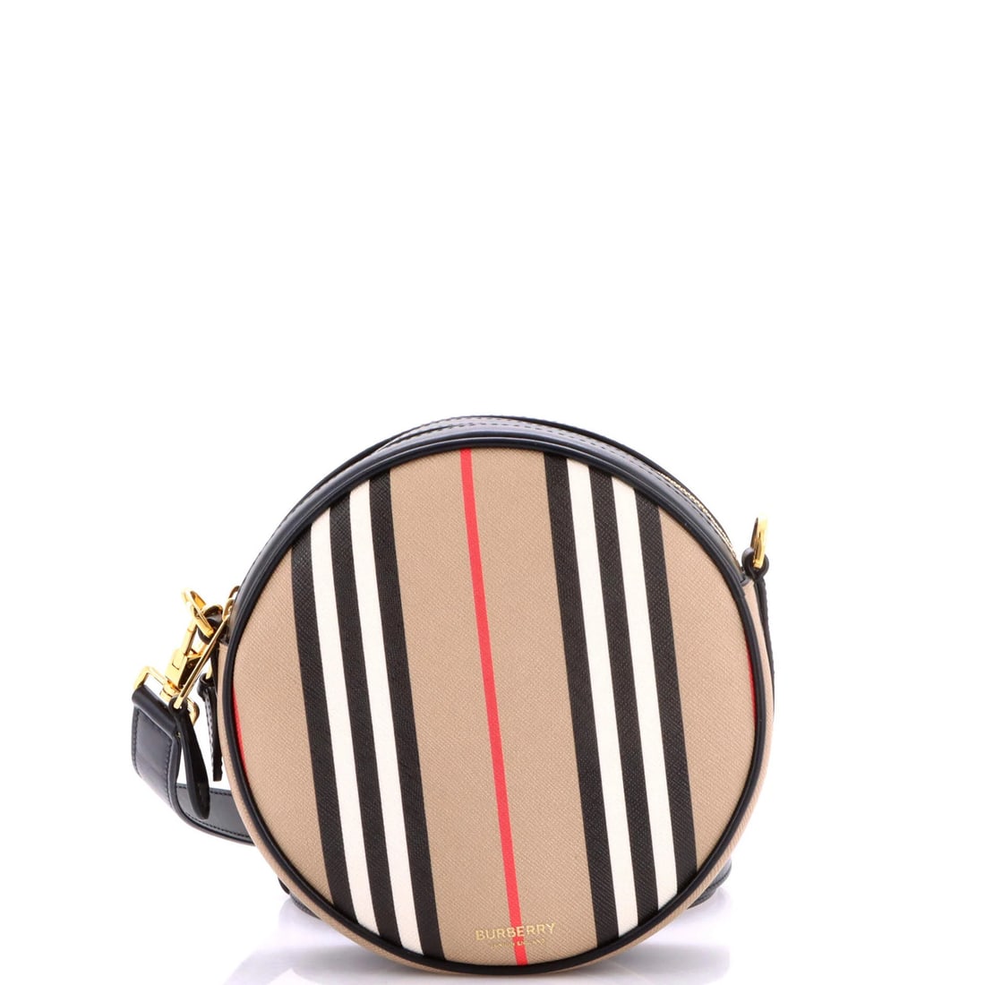 E canvas icon round bag stripe Louise Burberry: E canvas icon round bag stripe Louise Burberry Brown canvas belt bag with gold hardware, featuring an iconic round design and stripe pattern. This E-Canvas bag measures 7" x 7" x 2" and comes with a