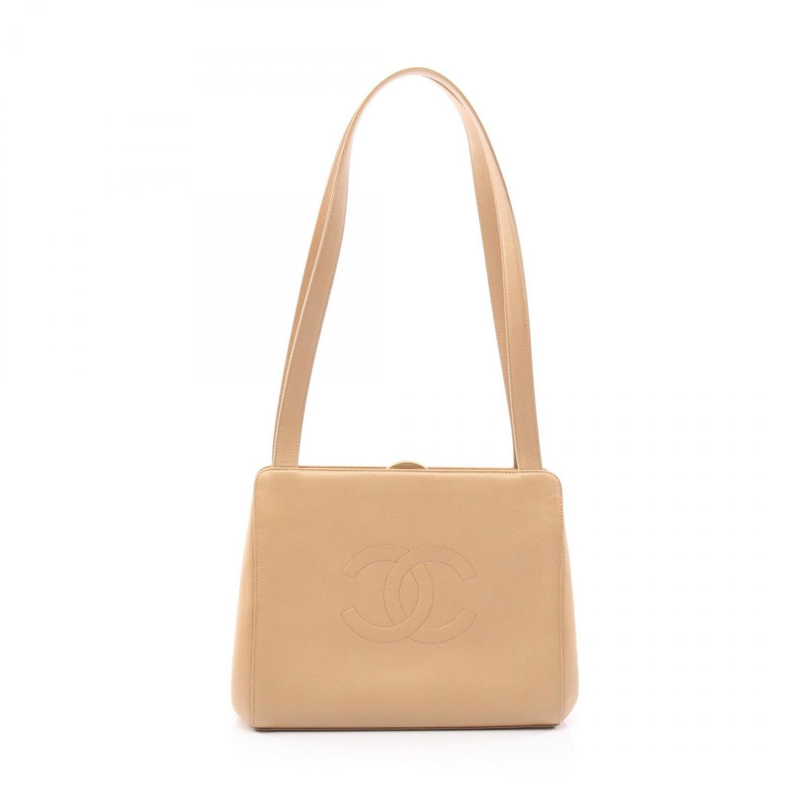Shoulder bag leather Chanel: Shoulder bag leather Chanel This beige leather Chanel shoulder bag features a classic design with clean lines and a timeless aesthetic. With its small size and subtle scratches, it has a worn-in look