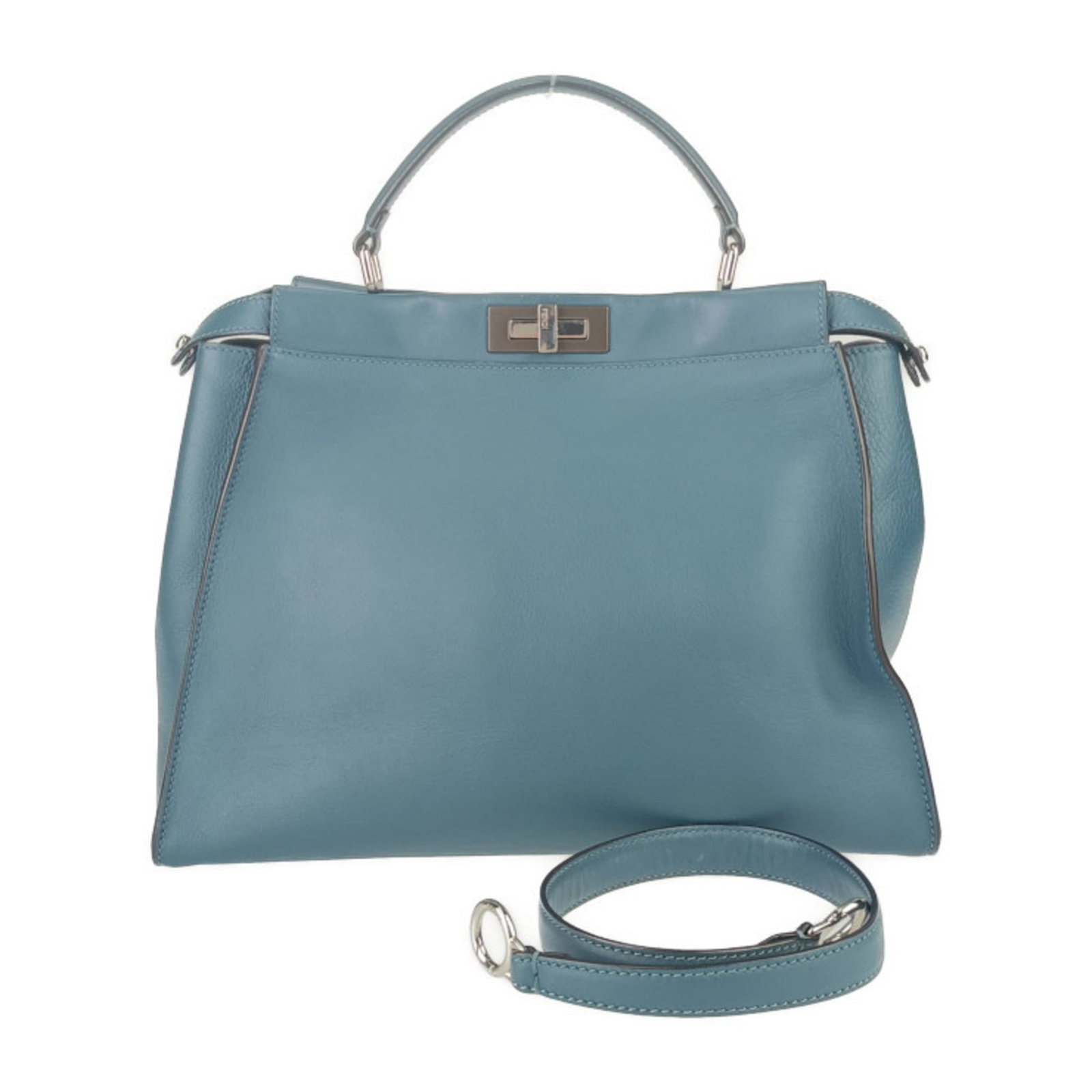Handbag Leather Tote Fendi Bag Shoulder: Handbag Leather Tote Fendi Bag Shoulder Blue Fendi Leather Tote Bag with Silver Hardware. This used, very good condition tote bag features high-quality leather and silver hardware, measuring 30cm x