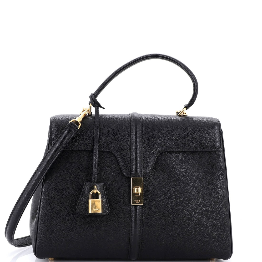 Celine 16 Top Handle Bag Grained Calfskin Medium: Celine 16 Top Handle Bag Grained Calfskin Medium Black Grained Calfskin Medium Top Handle Bag from Celine, featuring a classic shoulder design with gold hardware and a spacious interior. Measuring 9"