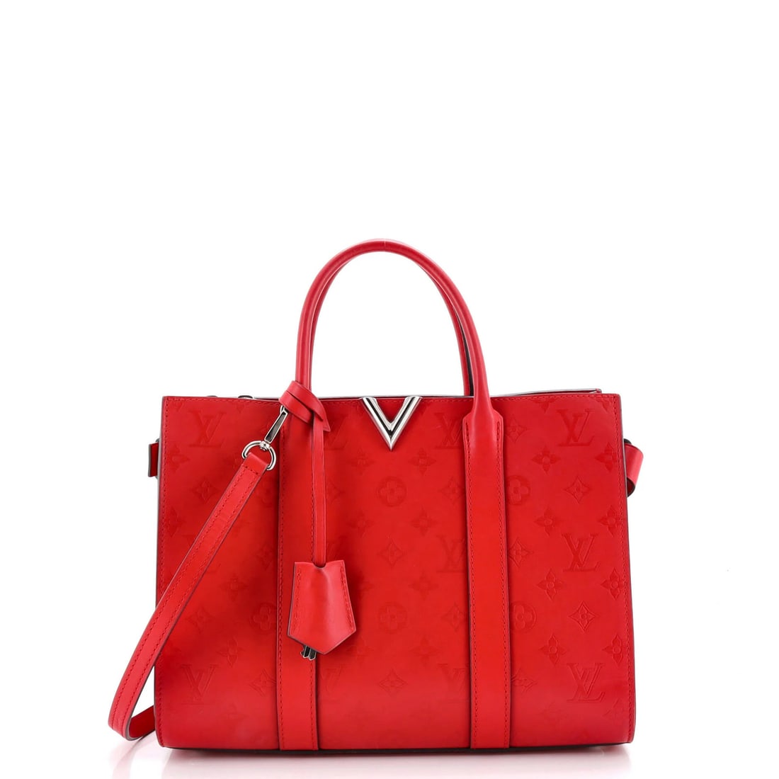 Louis Vuitton Very Tote Monogram Leather MM: Louis Vuitton Very Tote Monogram Leather MM Red Louis Vuitton Very Tote Monogram Leather MM features a classic design with a bold red exterior and silver hardware. This stylish tote measures 4" drop