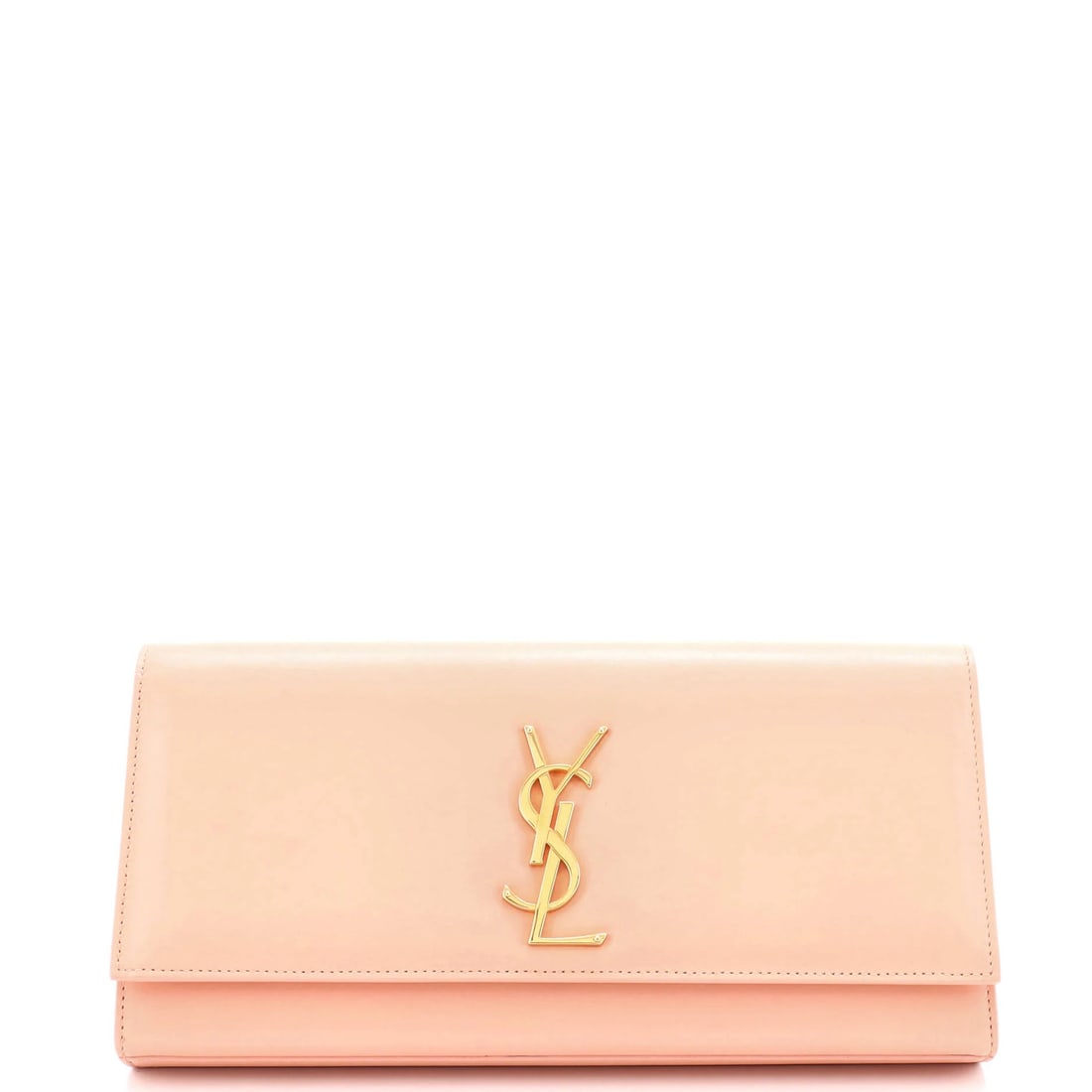 Classic Leather Monogram Clutch Saint Long: Classic Leather Monogram Clutch Saint Long This pink Saint Laurent Classic Monogram Clutch features a long strap and measures 5" in height, with a handle drop of 3". The exterior leather has developed