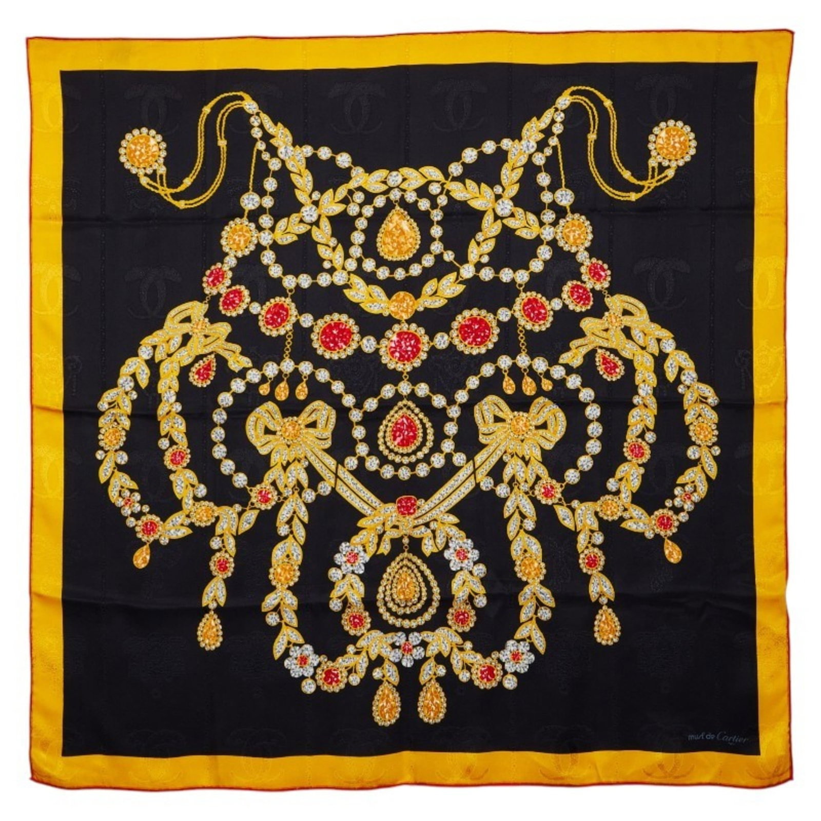 Cartier Scarf Silk: Cartier Scarf Silk Cartier Scarf Silk - A vibrant multi-color silk scarf with yellow accents, bearing the signature of its creator. Measuring 84cm x 86cm, this used Cartier scarf features traces of us