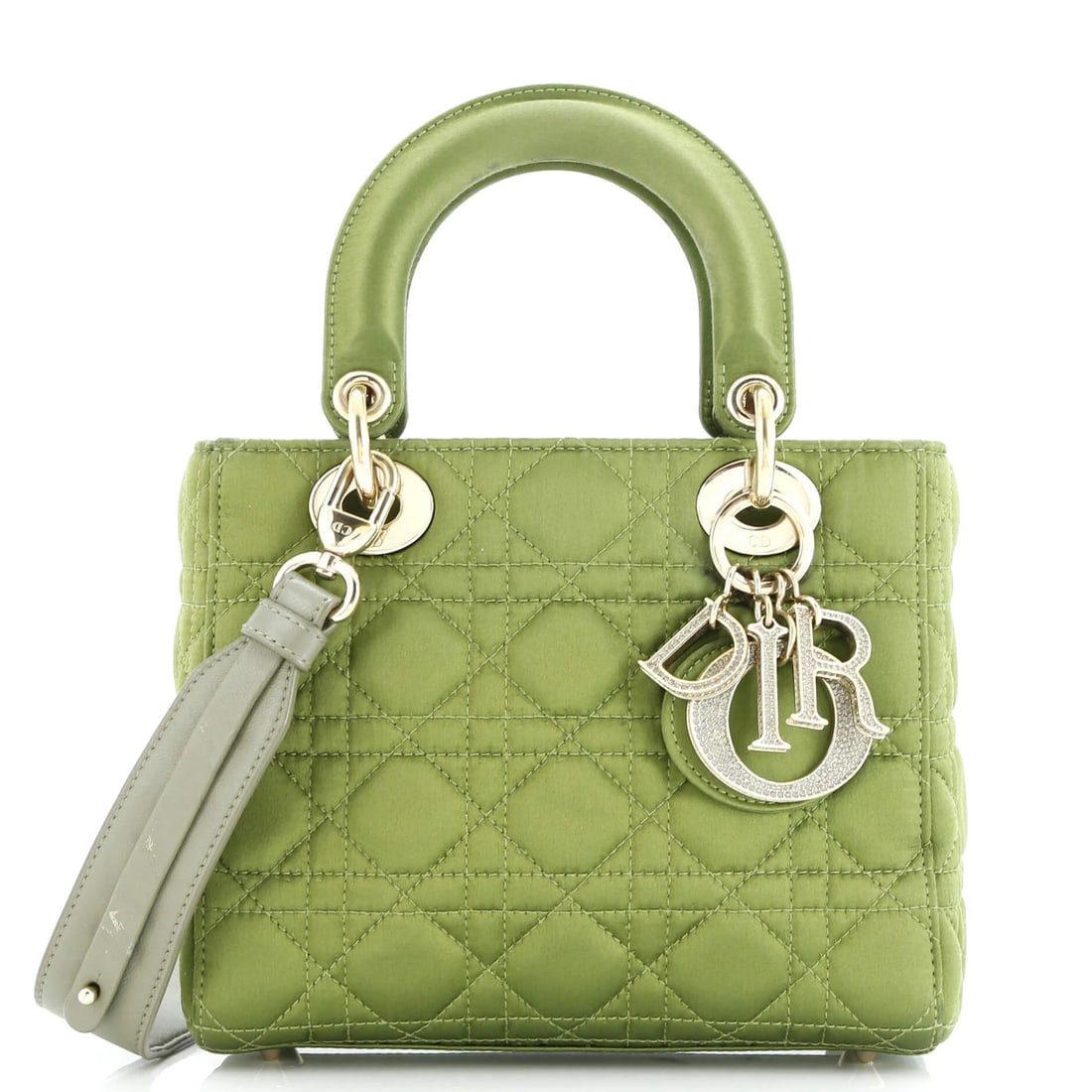 Christian Dior My ABCDior Lady Dior Bag Cannage Quilt Satin with Crystal Charms: Christian Dior My ABCDior Lady Dior Bag Cannage Quilt Satin with Crystal Charms The My ABCDior Lady Dior Bag Cannage Quilt Satin with Crystal Charms boasts a stunning green satin exterior, adorned