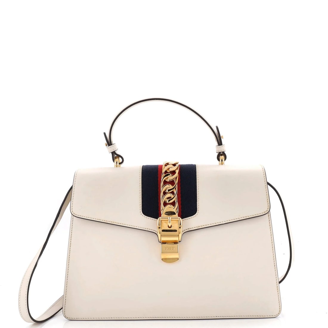 Sylvie medium leather handle top bag Gucci: Sylvie medium leather handle top bag Gucci White leather medium top handle bag from Gucci, featuring a classic design with a gold-tone strap drop. The Sylvie style boasts clean lines and a timeless