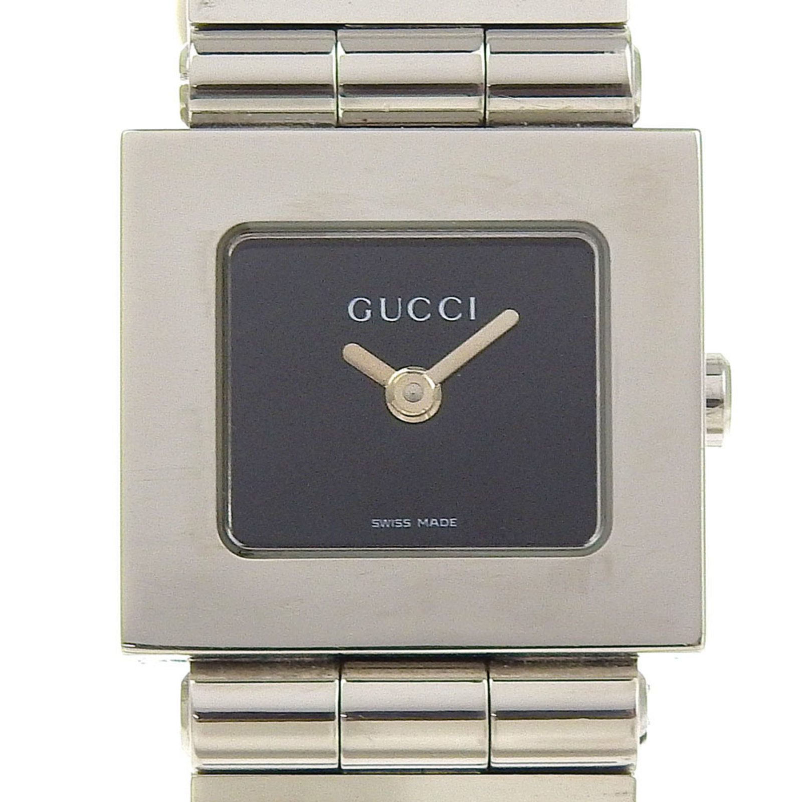 Wristwatch by Gucci: Wristwatch by Gucci Stainless steel case and band add a sleek touch to this Gucci wristwatch, featuring a black dial. The watch has a diameter of 21mm and measures 14.5cm in length, suitable for