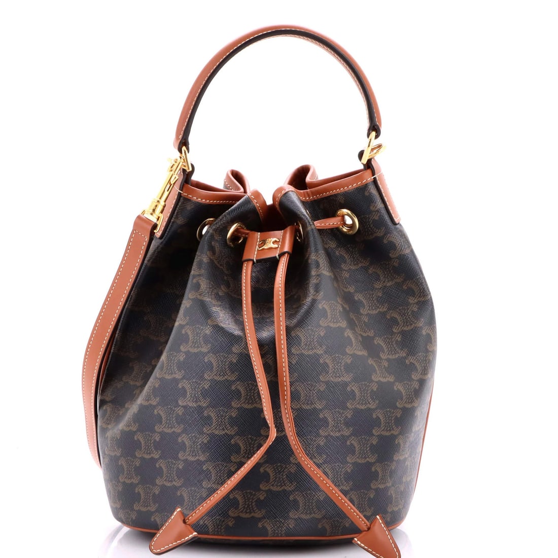 Triomphe Coated Canvas Bucket Bag Celine Clara: Triomphe Coated Canvas Bucket Bag Celine Clara Brown Triomphe Coated Canvas Bucket Bag with Gold Hardware, featuring a classic design and sturdy construction. The bag measures approximately 9" in heig