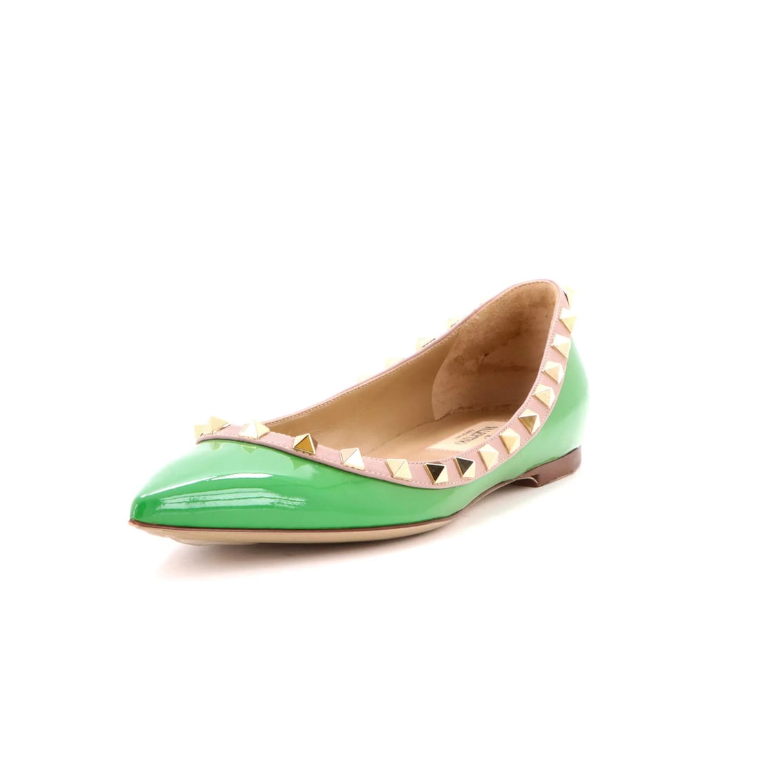 Valentino Garavani Women's Rockstud Ballerina Flats Patent: Valentino Garavani Women's Rockstud Ballerina Flats Patent Patent leather uppers in green, with neutral interiors and gold-tone hardware. The Rockstud Ballerina Flats feature adhesive pads on outer