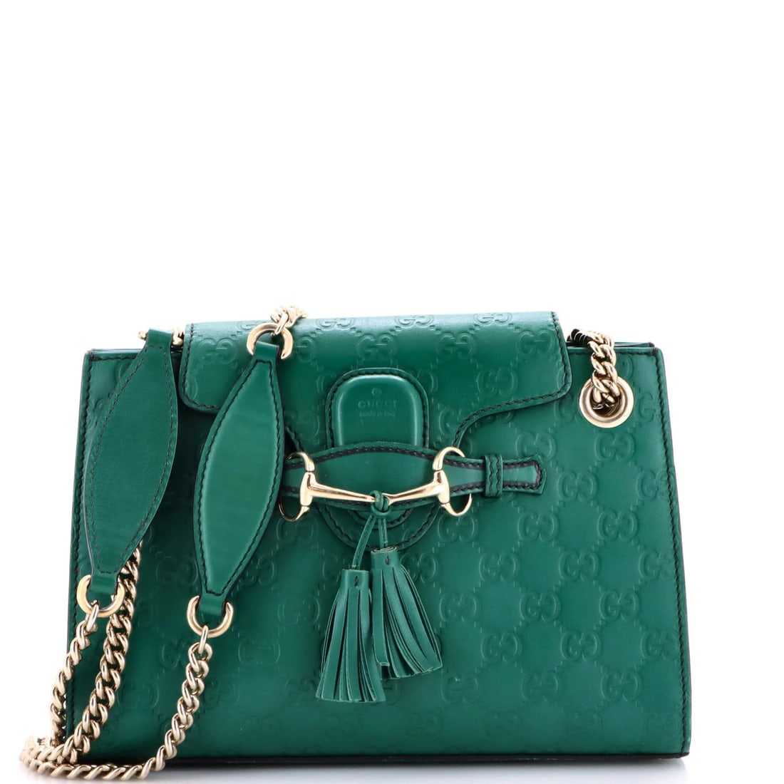 Chain flap shoulder bag small Guccissima leather Gucci Emily: Chain flap shoulder bag small Guccissima leather Gucci Emily Small Guccissima leather shoulder bag with chain flap, measuring 8" high and 10" wide, features green exterior and neutral interior. The