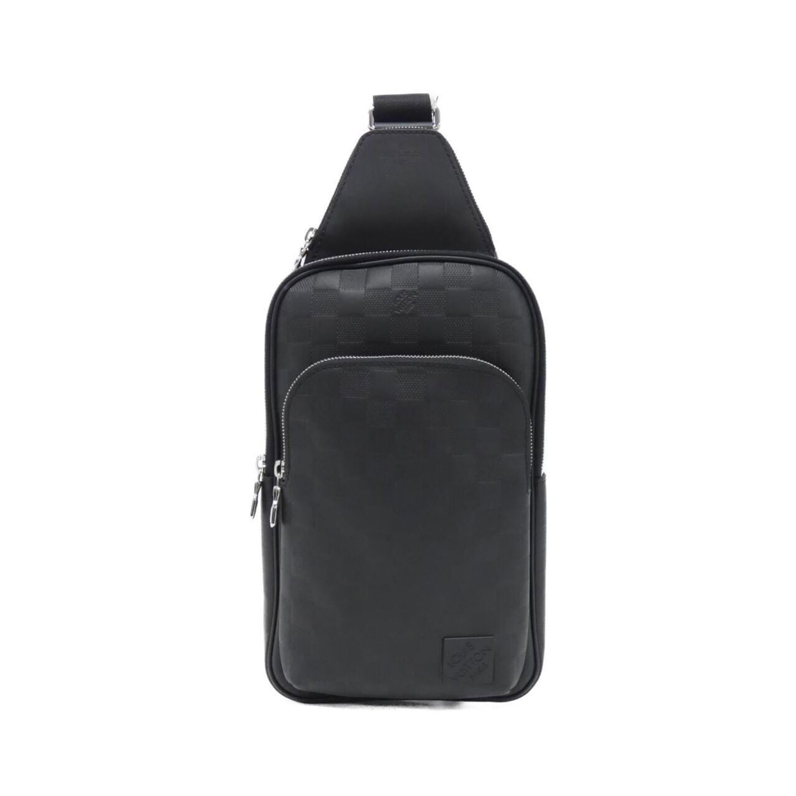 Leather sling bag by Louis Vuitton: Leather sling bag by Louis Vuitton Black calfskin leather Louis Vuitton sling bag, featuring a classic design with a few traces of usage visible. The bag has some scratches and dirt, but remains in