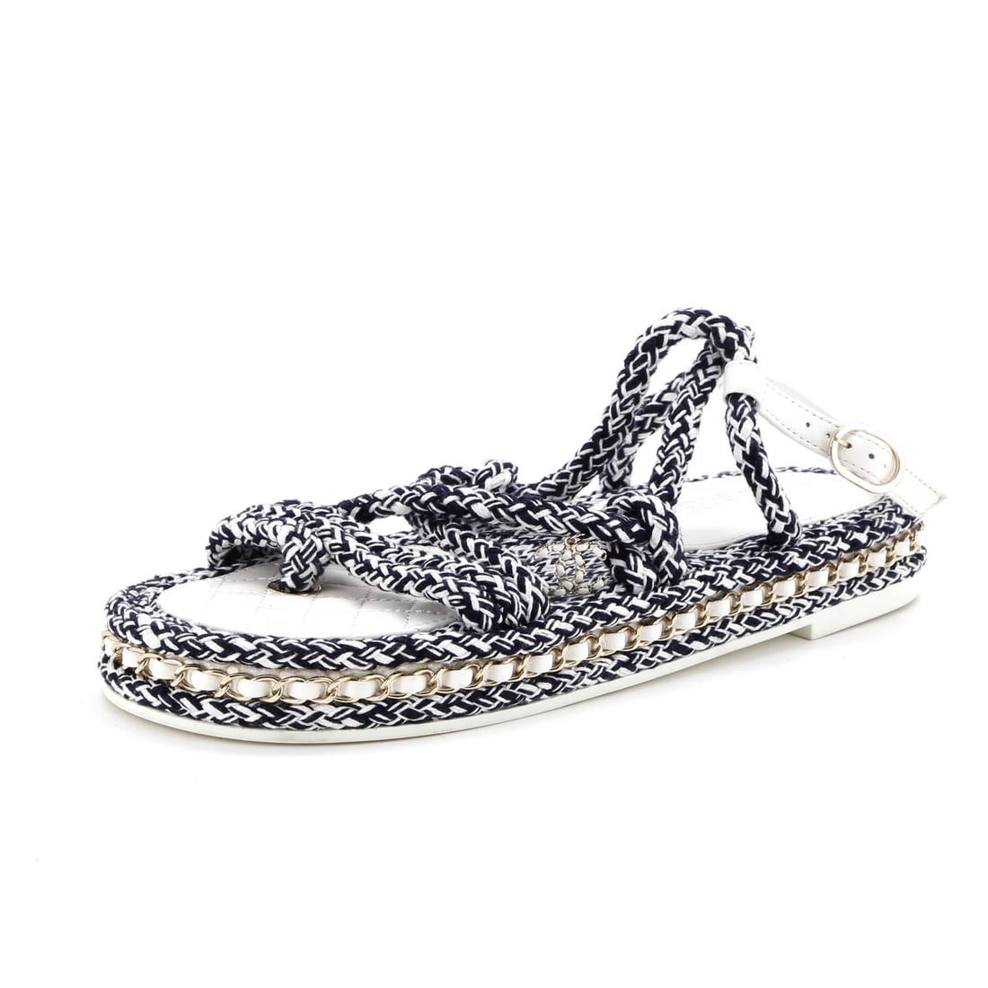 Braided Cord CC Chain Sandals for Women by Chanel: Braided Cord CC Chain Sandals for Women by Chanel Black Braided Cord CC Chain Sandals from Chanel feature a unique combination of cotton and leather materials, with a braided cord design that adds an