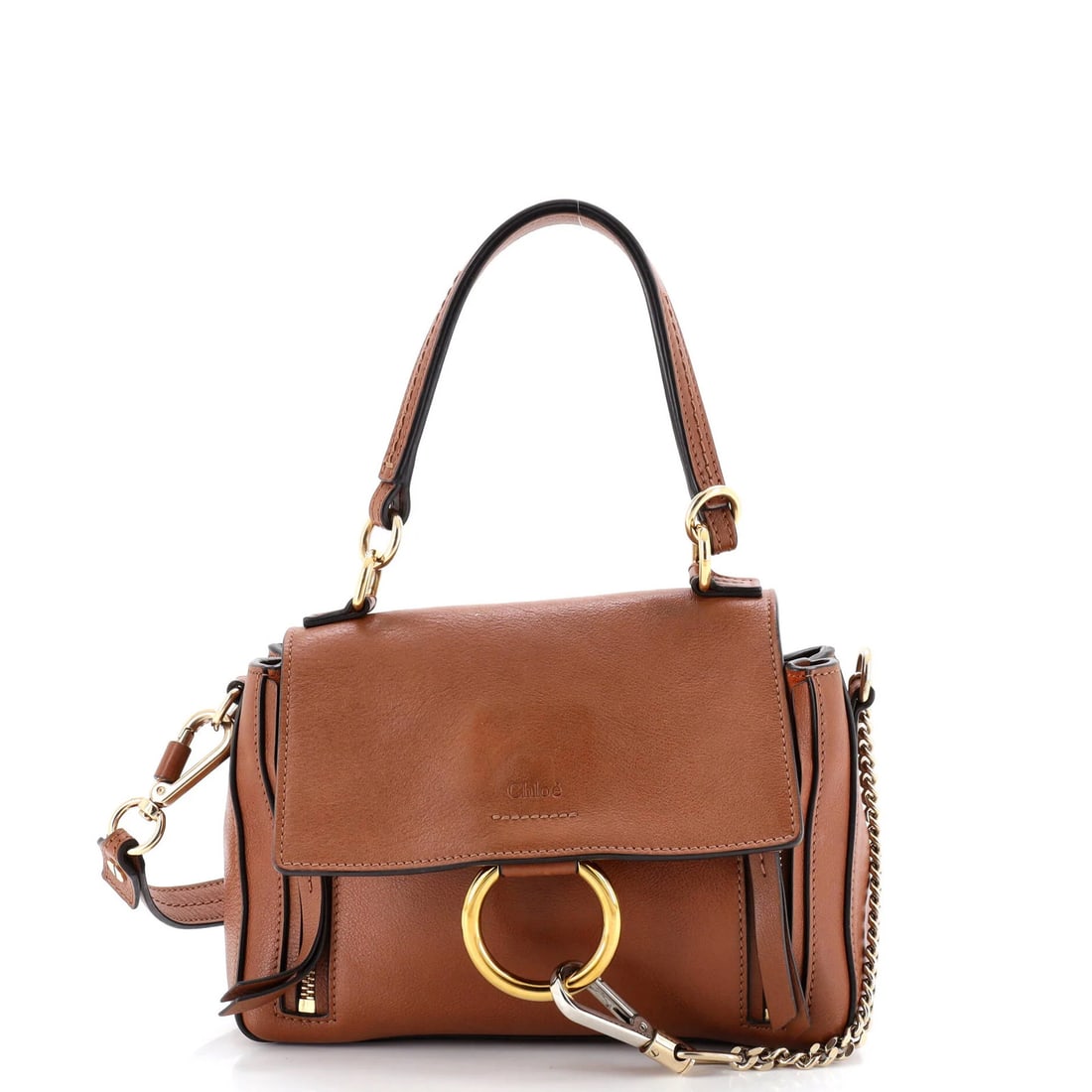 Leather Small Chloe Faye Day Bag: Leather Small Chloe Faye Day Bag Small Brown Leather Chloe Faye Day Bag with Gold Hardware, featuring top handle and neutral interior. Measuring 6" drop in the front and 16.5-17.5" strap drop, this