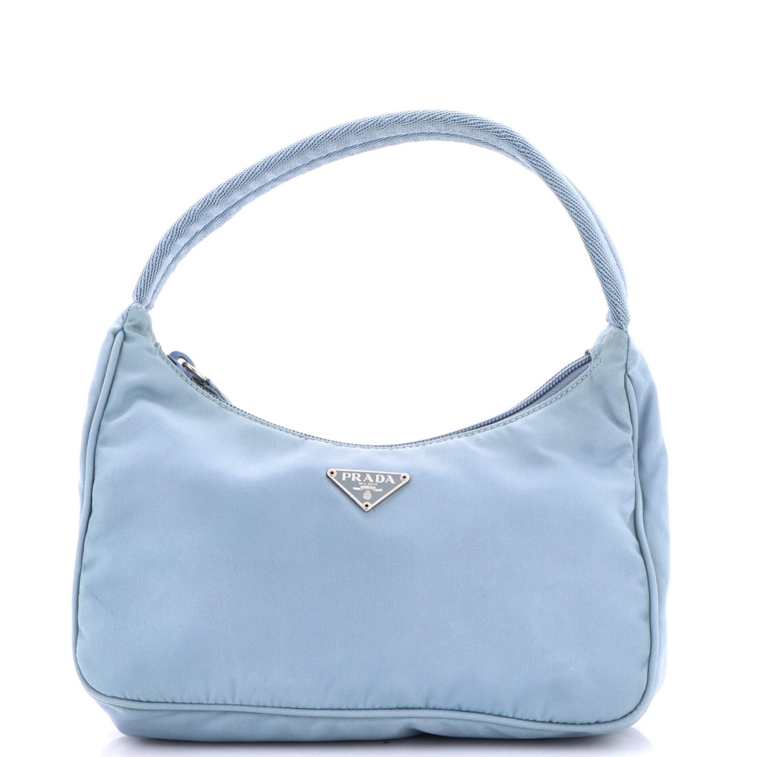 Tessuto Mini Prada Hobo: Tessuto Mini Prada Hobo Blue Tessuto Mini Prada Hobo with silver hardware, featuring a nylon exterior and interior, available in a mini size. This stylish hobo bag boasts a handle drop of 4.5" and