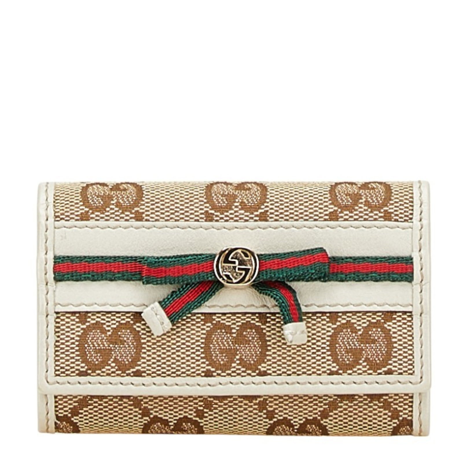 Gucci Keycase Canvas Leather: Gucci Keycase Canvas Leather Canvas and leather come together in this Gucci Keycase, featuring a beige and multi-color design. The item has been used, with traces of usage visible on the canvas and mi