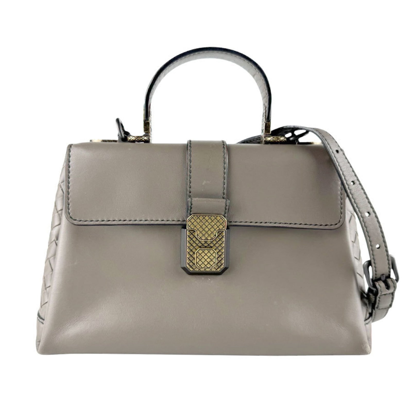 Handbag Leather Bag Shoulder from Bottega: Handbag Leather Bag Shoulder from Bottega This Bottega Veneta Leather Shoulder Bag features a timeless grayish color and classic design, with a size of 17cm x 25cm x 9cm. The bag has a worn look due