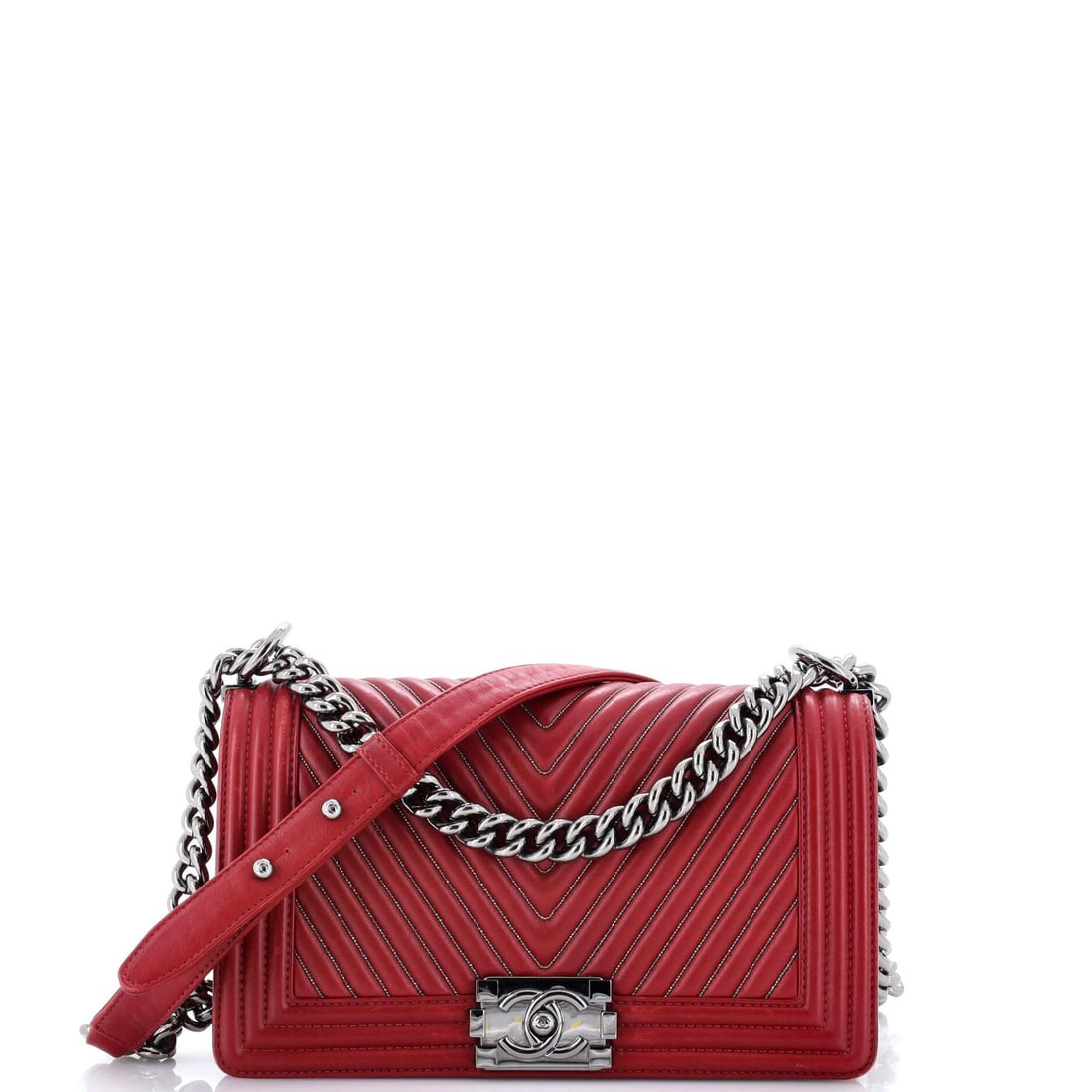 Chanel Boy Flap Bag Chevron Calfskin with Micro Chain Detail Old Medium: Chanel Boy Flap Bag Chevron Calfskin with Micro Chain Detail Old Medium Red Chevron Calfskin Leather exterior, classic Boy Flap Bag design with micro chain detail, and silver hardware complete this ic