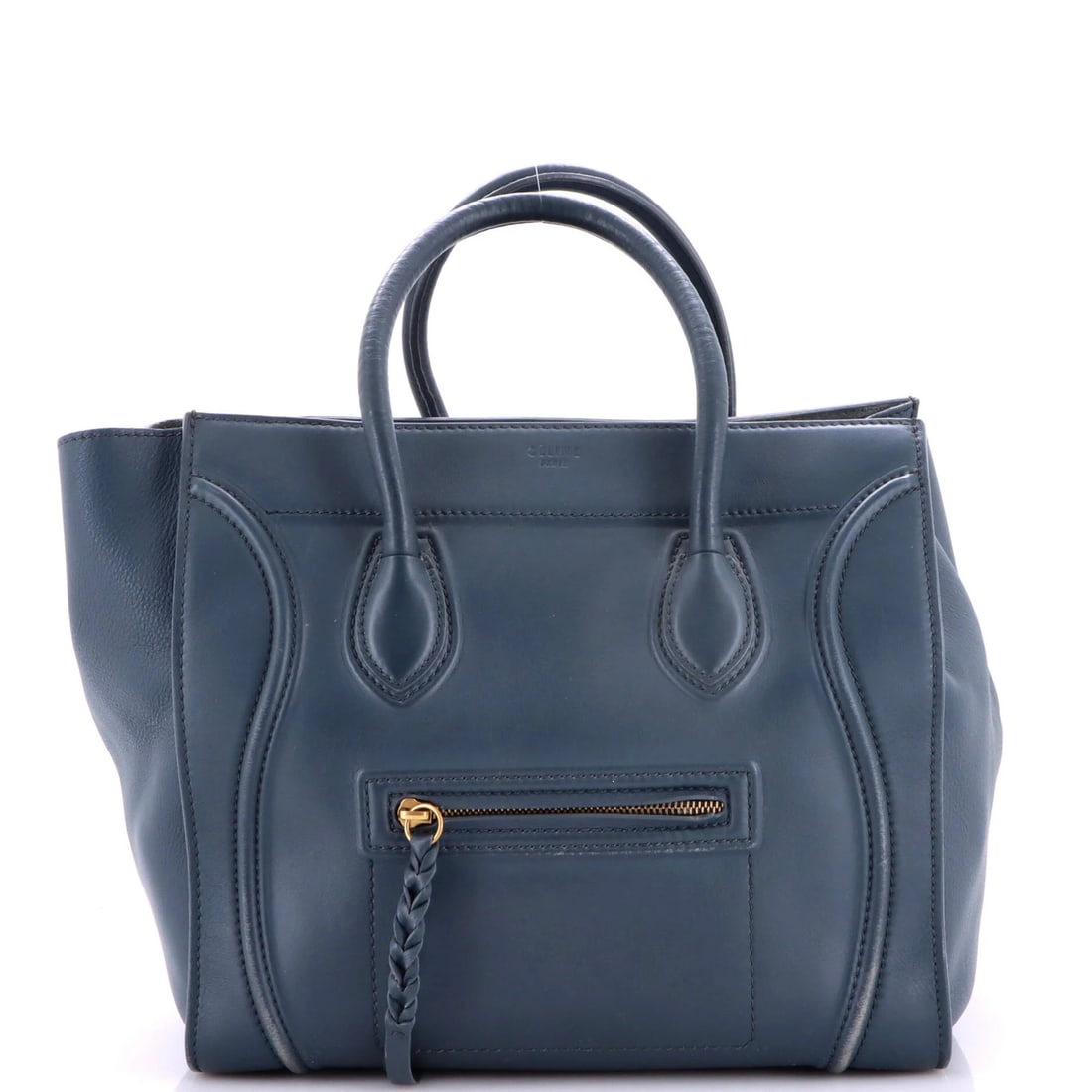 Smooth leather bag large phantom celine: Smooth leather bag large phantom celine Smooth leather bag with blue exterior and gold hardware, featuring a large phantom Celine design. The bag measures 12" in height, 11.5" in width, and 11" in
