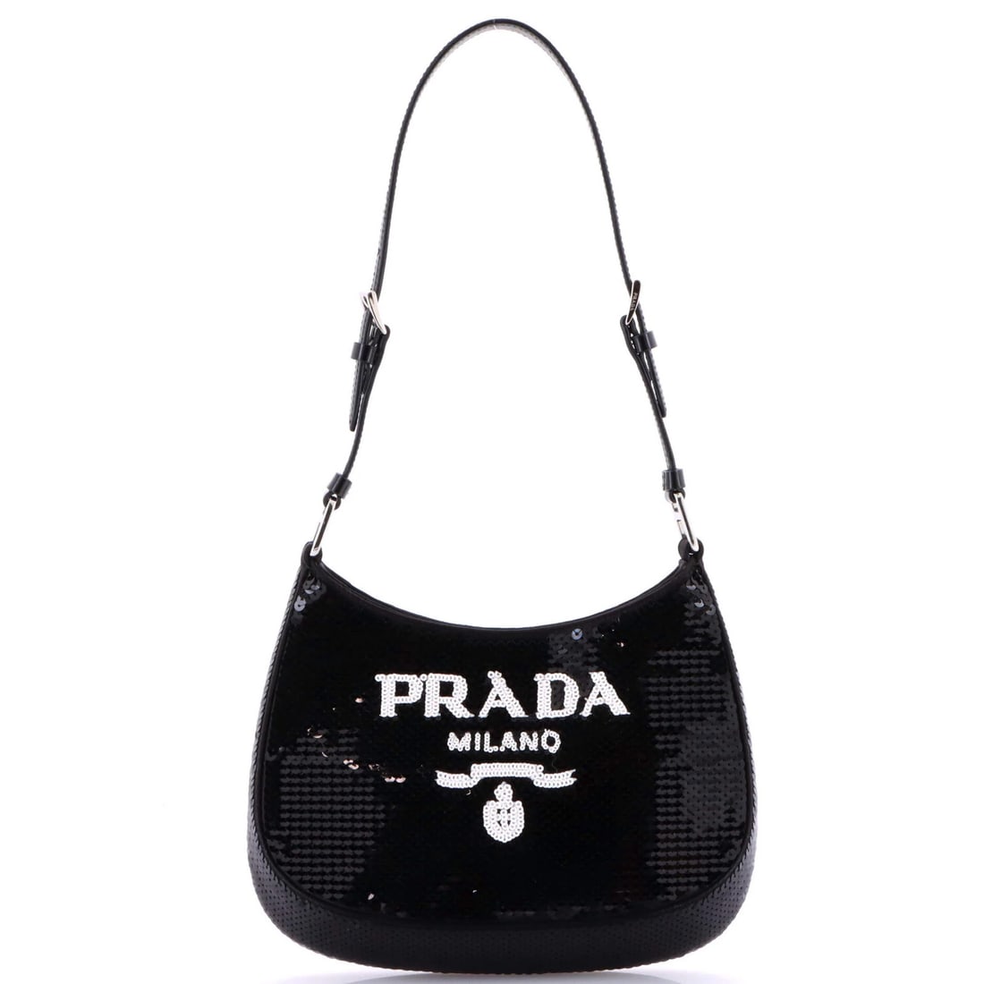 Sequins Small Prada Cleo Bag Shoulder: Sequins Small Prada Cleo Bag Shoulder Small Sequin Prada Cleo Shoulder Bag in Black with Silver Hardware, featuring sequins on the exterior and satin interior. Minor scuffs and creases are present,