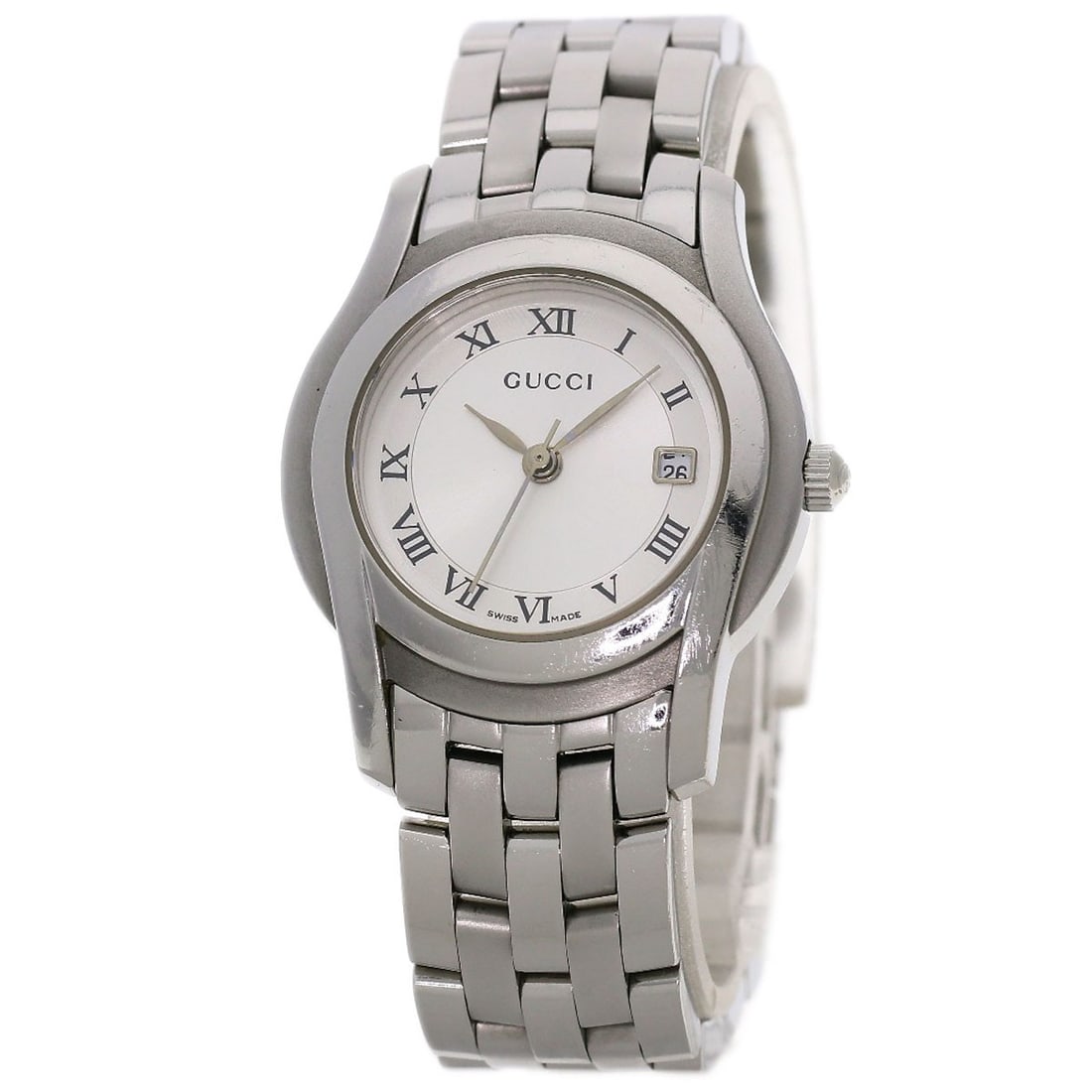 Gucci Round Face Watches 5500L Stainless Steel/ Stainless Steel: Gucci Round Face Watches 5500L Stainless Steel/ Stainless Steel Stainless steel case with silver bezel and dial, adding a touch of sleek sophistication to any outfit. This Gucci round face watch