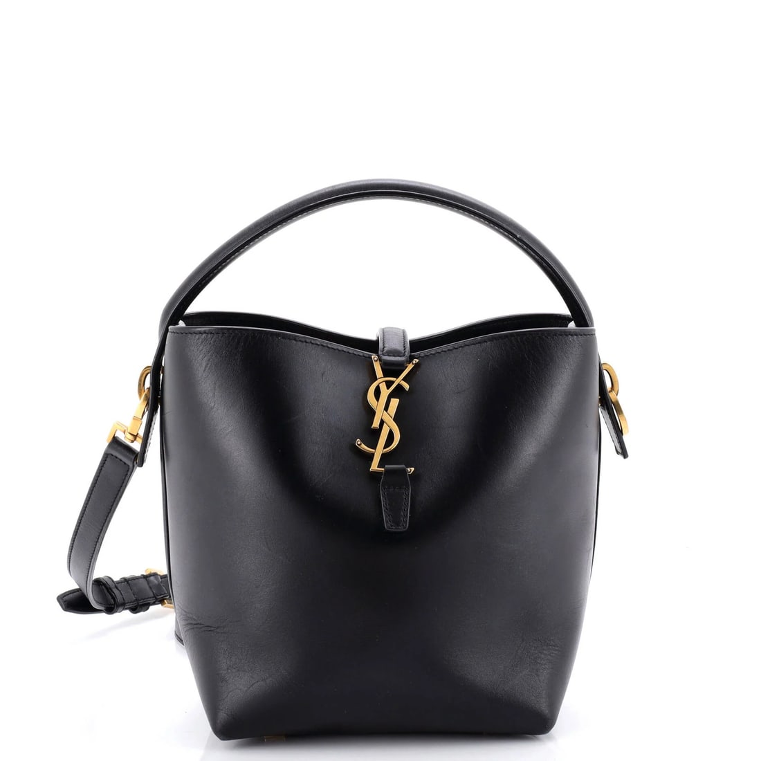 Laurent Le Saint 37 Bucket Bag Leather: Laurent Le Saint 37 Bucket Bag Leather The Saint Laurent Le 37 Bucket Bag Leather boasts sleek, black leather exterior with suede interior and aged gold hardware. Measuring 9" in height, 6" in width, 