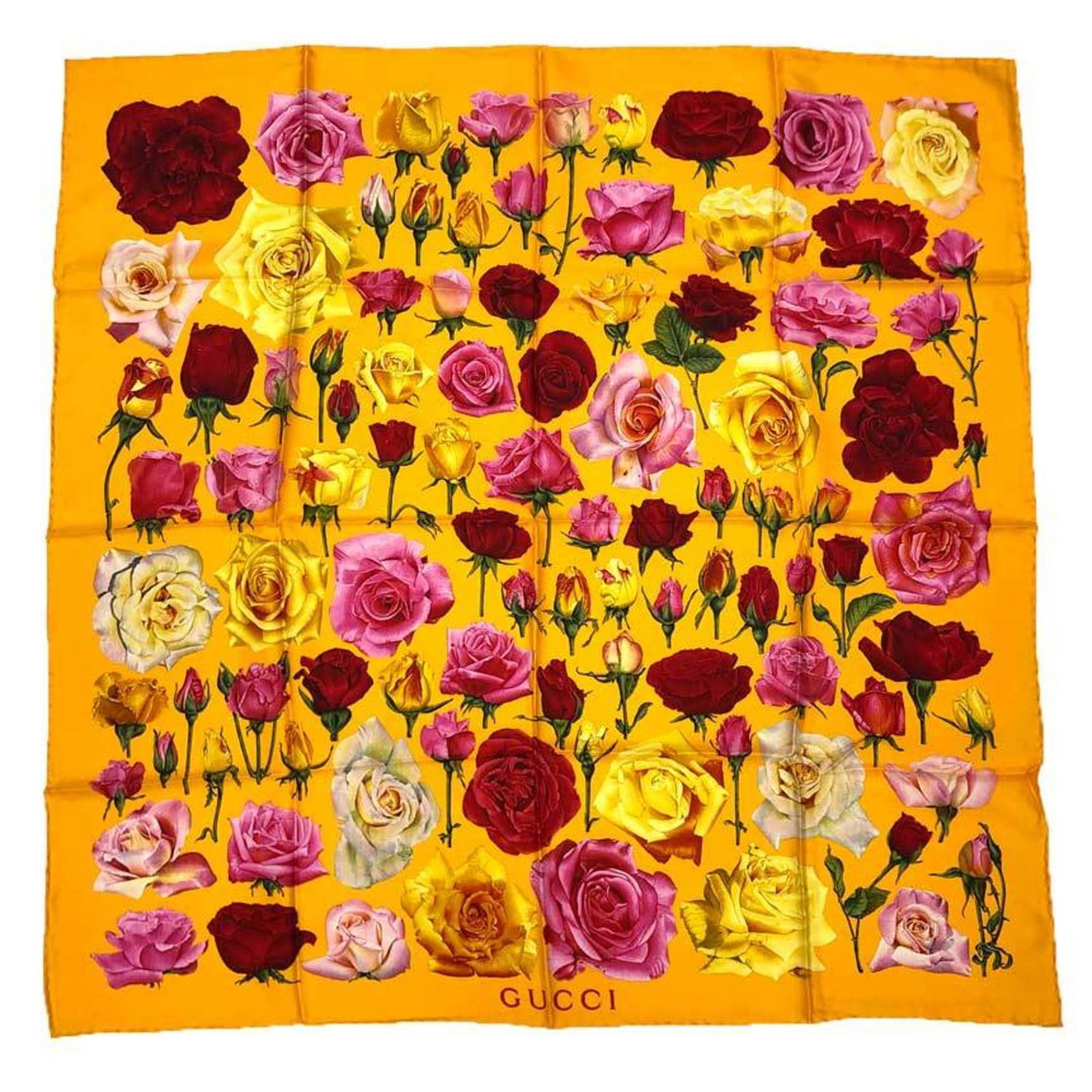 Gucci Silk 100% Scarf: Gucci Silk 100% Scarf Silk scarf from Gucci, made with 100% silk material, featuring an orange and yellow color combination. The scarf measures 88cm x 88cm in size and shows some traces of usage,