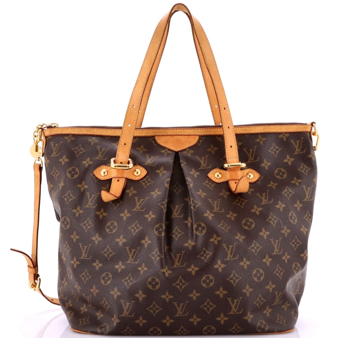 Monogram Canvas Louis Vuitton Palermo Handbag: Monogram Canvas Louis Vuitton Palermo Handbag Brown Louis Vuitton Palermo Handbag with Monogram Canvas GM exterior, featuring a classic tote design and gold hardware. The bag shows signs of wear,