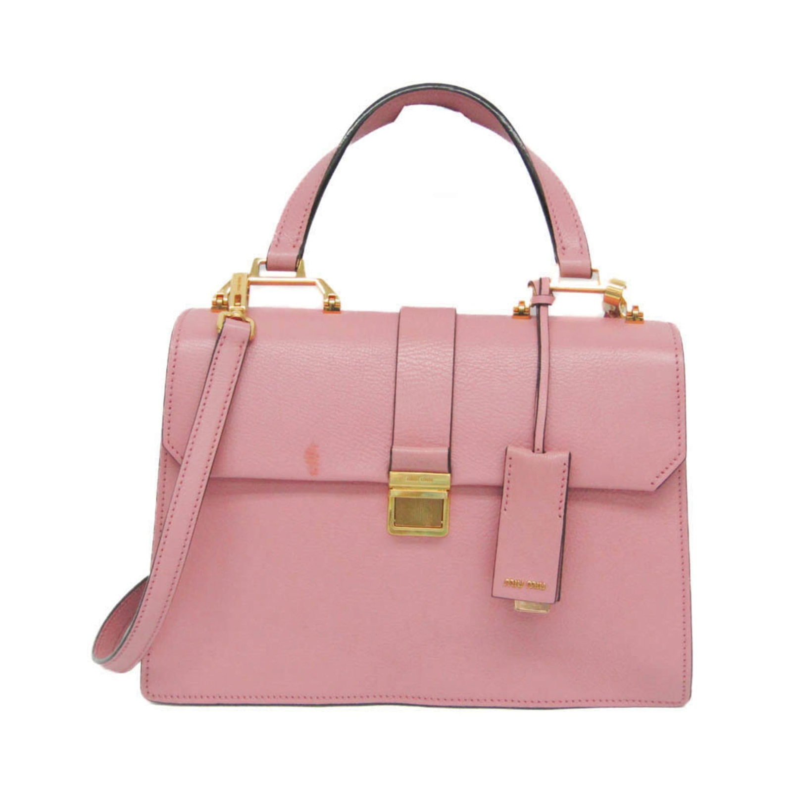 Miu Handbag Shoulder Bag Leather: Miu Handbag Shoulder Bag Leather Rose Pink Leather Shoulder Bag from Miu Miu, featuring gold hardware and a classic design. This used handbag has some scratches and dirt, but remains in very good