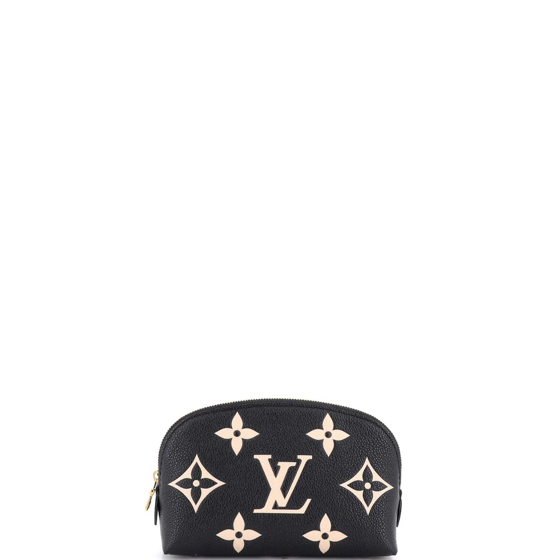 Bicolor Monogram Empreinte Giant Louis Vuitton Cosmetic Pouch: Bicolor Monogram Empreinte Giant Louis Vuitton Cosmetic Pouch Black Bicolor Monogram Empreinte Giant Leather Cosmetic Pouch measures 5" x 7" x 3". The exterior features a bold black color with the