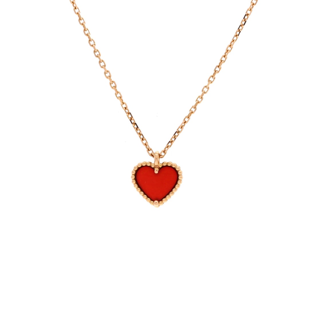 Van Cleef Heart Pendant Necklace Arpels Alhambra 18K Gold: Van Cleef Heart Pendant Necklace Arpels Alhambra 18K Gold The Van Cleef & Arpels Sweet Alhambra Heart Pendant Necklace in 18K Rose Gold and Carnelian is a stunning piece featuring a delicate 9.85mm