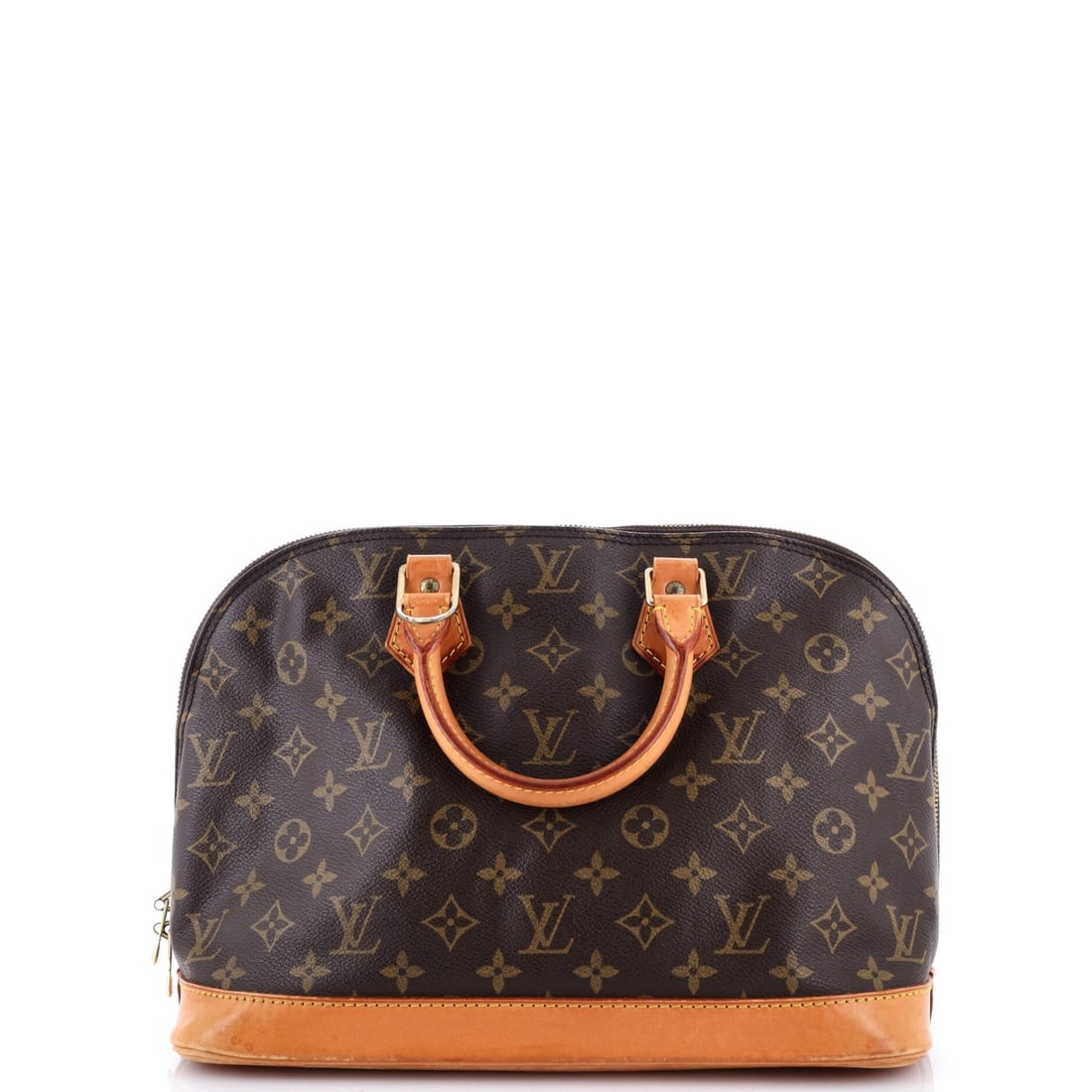 Louis Vuitton Alma Handbag Monogram Canvas PM: Louis Vuitton Alma Handbag Monogram Canvas PM Brown Louis Vuitton Alma Handbag Monogram Canvas PM with gold hardware and interior, featuring top handle and adjustable strap. The bag measures 9" tall, 