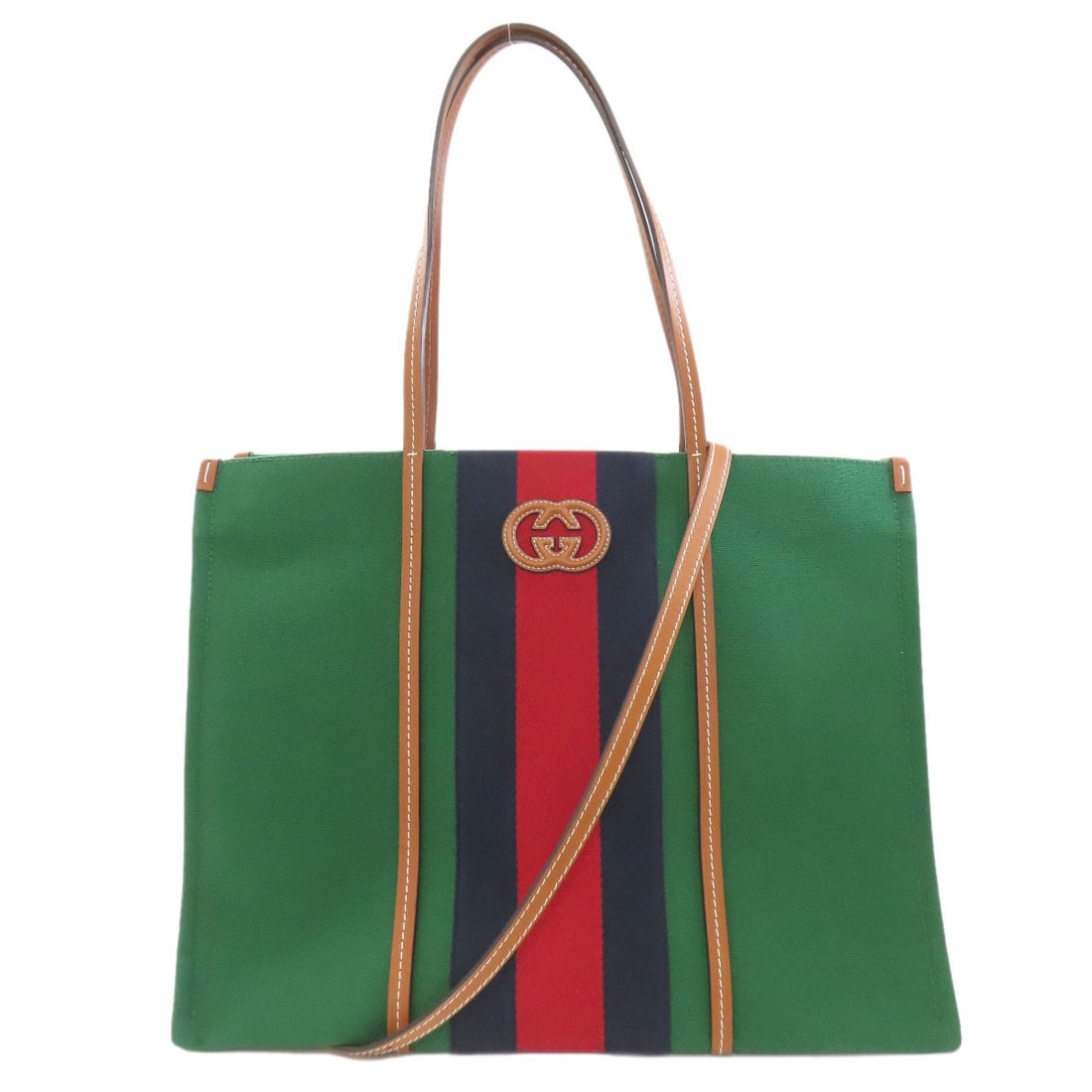Interlocking G Tote Bag Canvas Leather Gucci 2Way 727701: Interlocking G Tote Bag Canvas Leather Gucci 2Way 727701 Canvas and leather come together in this iconic green Gucci tote bag, featuring the brand's signature interlocking G logo. The 2-way design