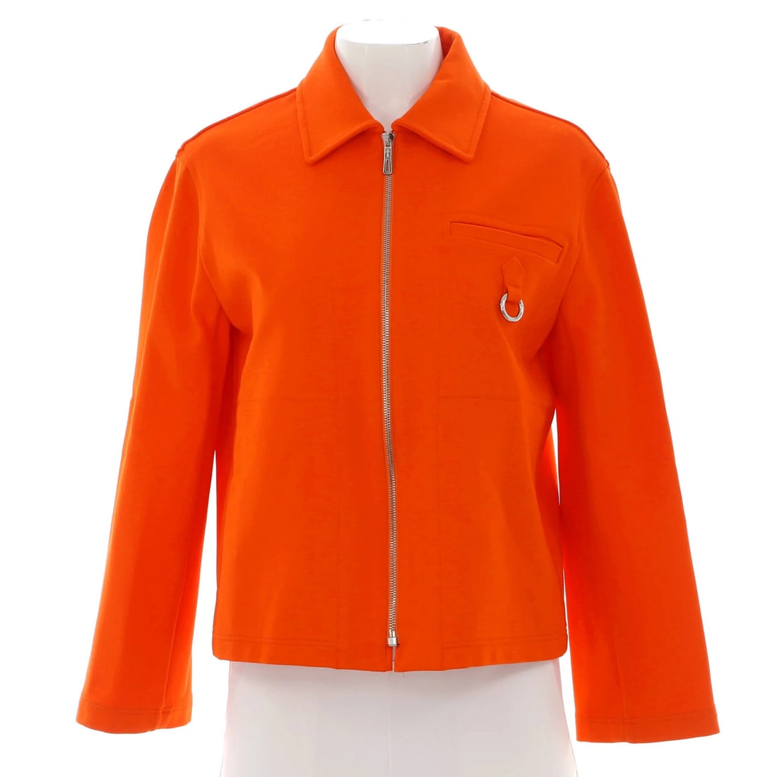 Hermes Women Viscose Blend Jacket Zip Up One Pocket: Hermes Women Viscose Blend Jacket Zip Up One Pocket Orange viscose blend jacket with one zip-up pocket, featuring palladium hardware and loose brand logo. Minor wear throughout, including a mark in