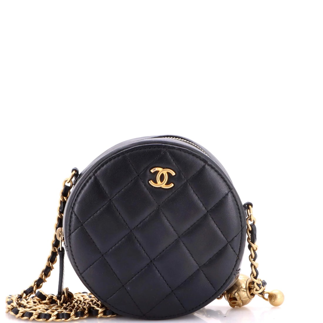 Pearl Crush Round Clutch with Quilted Lambskin Chain: Pearl Crush Round Clutch with Quilted Lambskin Chain Black Pearl Crush Round Clutch with Quilted Lambskin Chain, featuring a classic round design and elegant quilted details. This stylish clutch measu