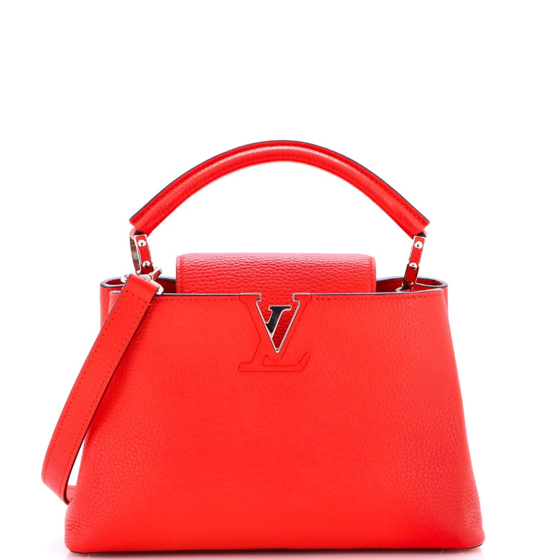Capucines Leather Bag Louis Vuitton: Capucines Leather Bag Louis Vuitton Red Capucines Leather Bag from Louis Vuitton features a classic top handle design with edge wear and minor scuffs on the exterior. The interior boasts a sleek gray 