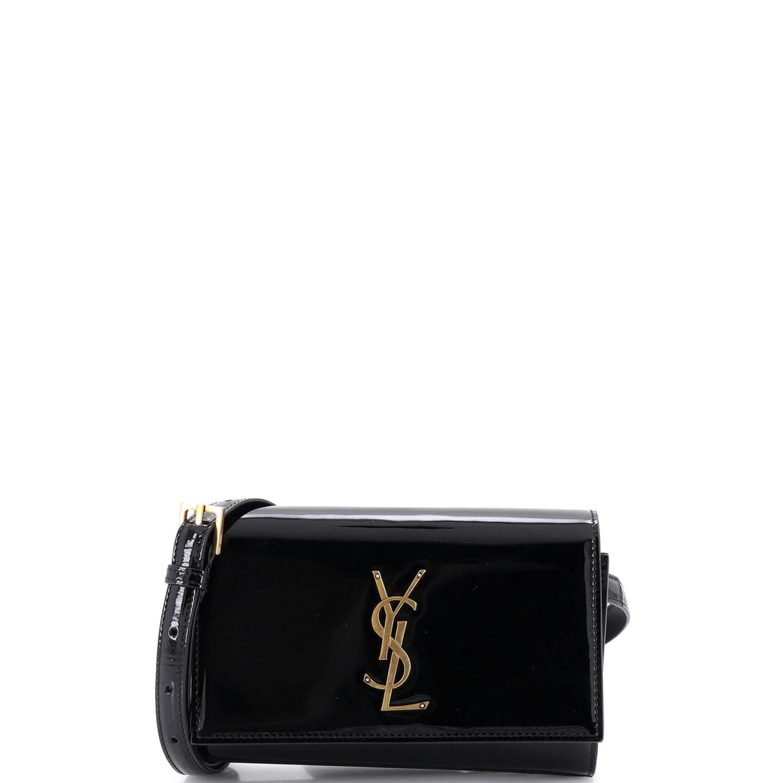 Saint Laurent Kate Belt Bag Classic Monogram Patent: Saint Laurent Kate Belt Bag Classic Monogram Patent Patent leather exterior adds a touch of sophistication to this classic Saint Laurent Kate Belt Bag. Measuring 5" tall, 7" wide, and 2" deep, the